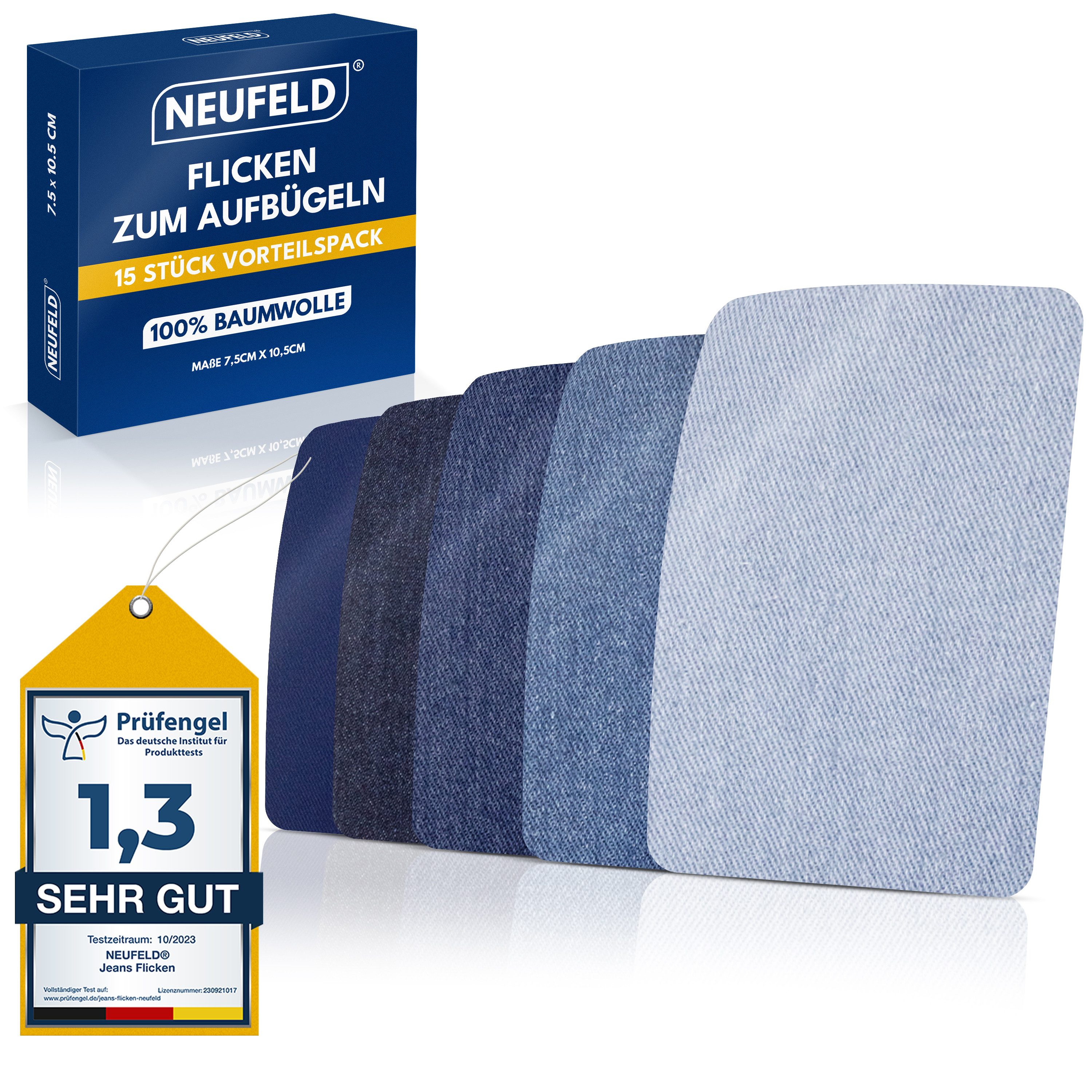 NEUFELD Aufnäher Jeansflicken zum Aufbügeln I 15 Stück I 5 Farben I Bügelflicken