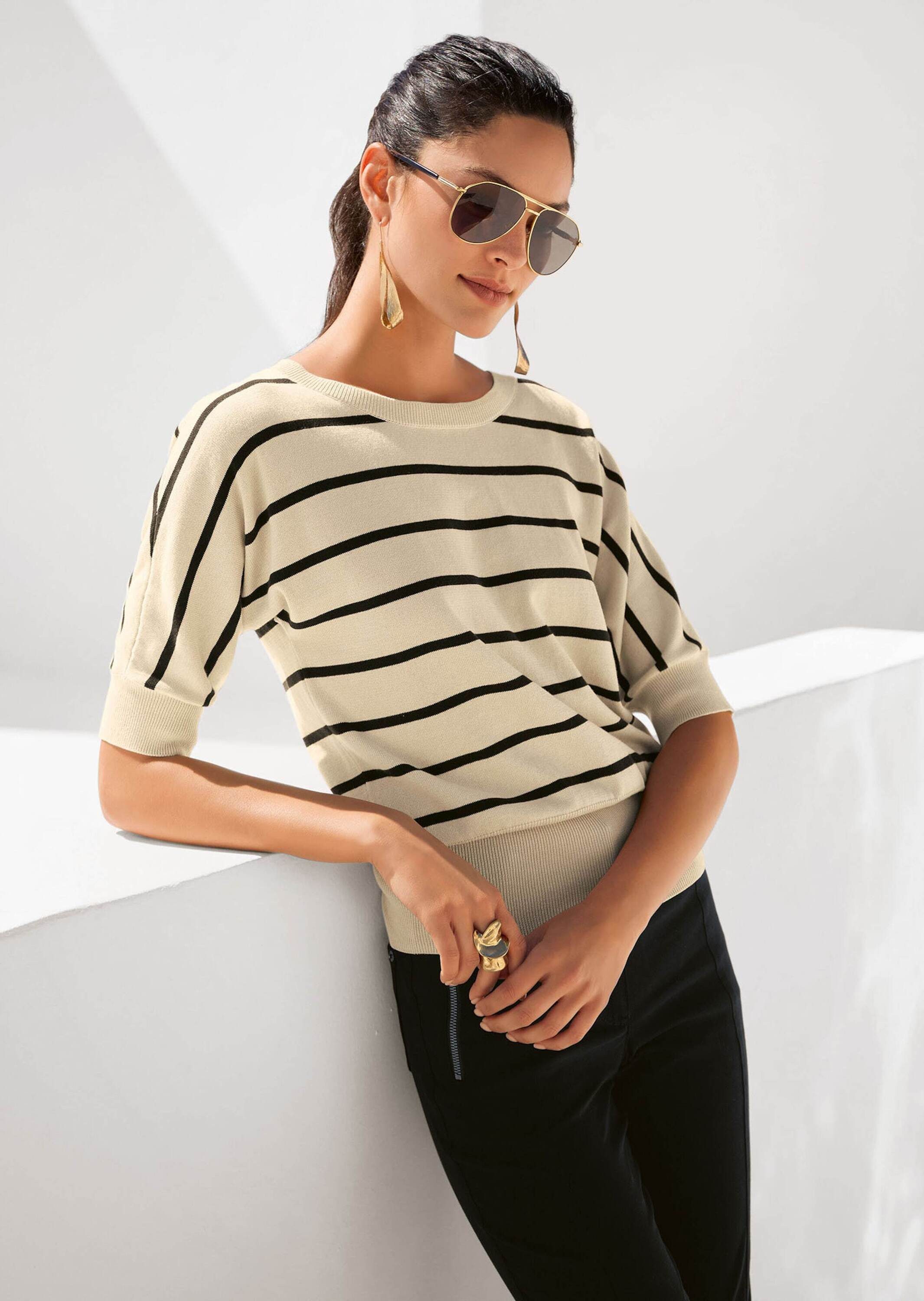 MADELEINE Strickpullover Ringelpullover im maritimen Look Halbarmshirt mit markantem Rippenbund und U-Boot-Ausschnitt