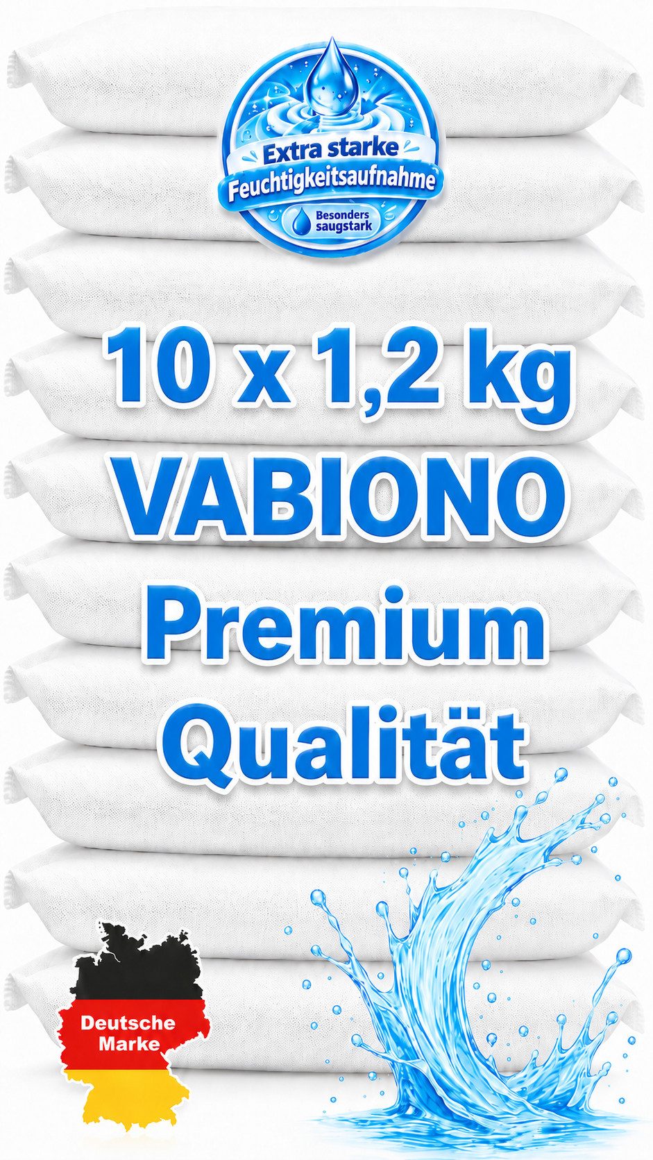VABIONO Raumentfeuchter-Nachfüllpack 10 x 1,2 kg für Granulat Luftentfeuchter - kostengünstig + effektiv, für Entfeuchter, Geruchsneutral, kein Stromverbrauch, Deutsche Marke, kostenfreier Versand
