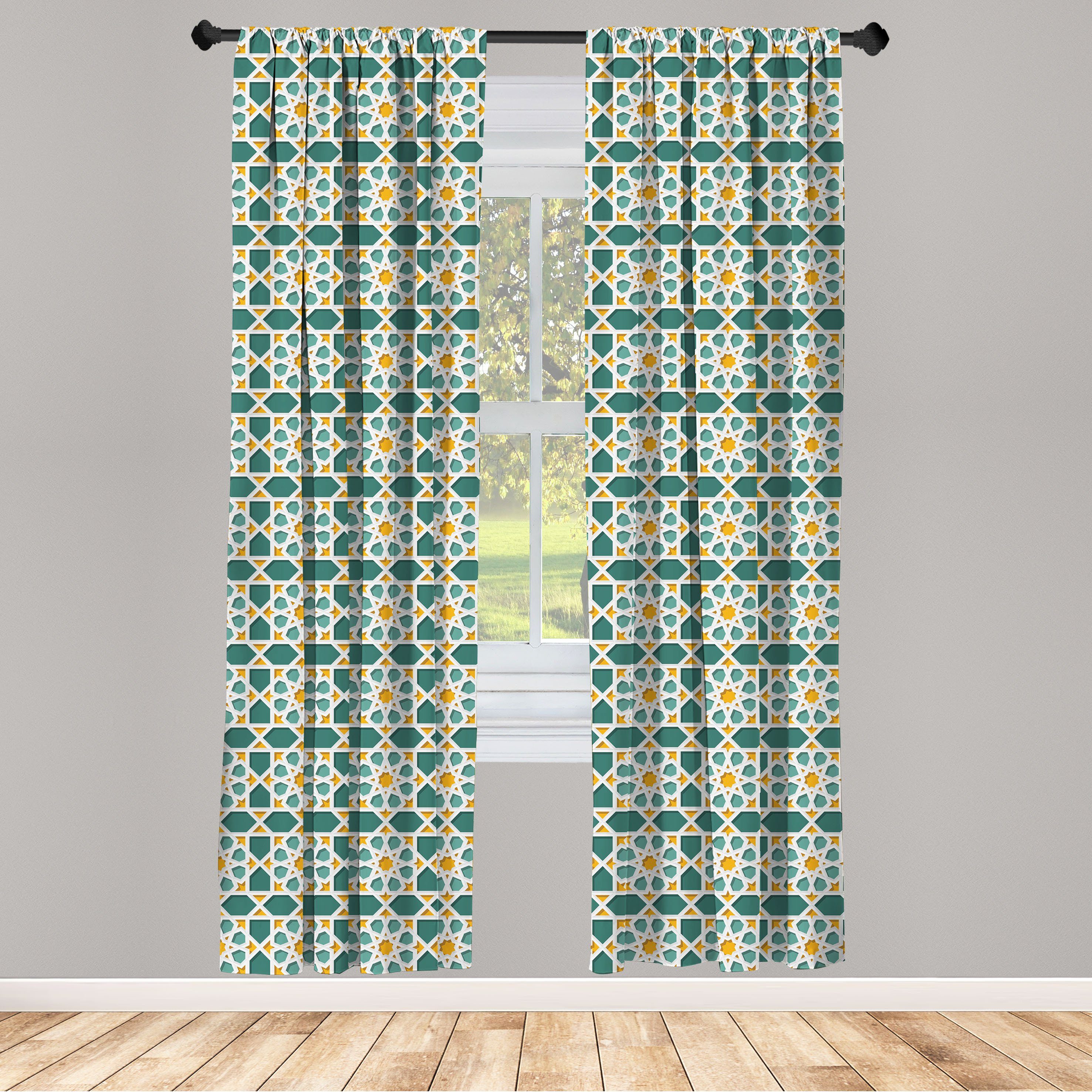 Gardine Vorhang für Wohnzimmer Schlafzimmer Abakuhaus, Stern-Verzierung Marokkanische Dekor, Microfaser, Teal