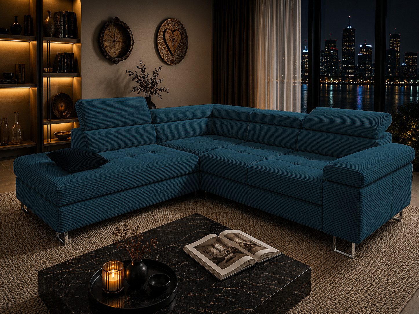 Goldstoff Ecksofa mit Schlaffunktion, Cord Couch für Wohnzimmer - Cord Ecksofa, Cord Sofa VOYAGE 2 Teile, Großer Bettkasten
