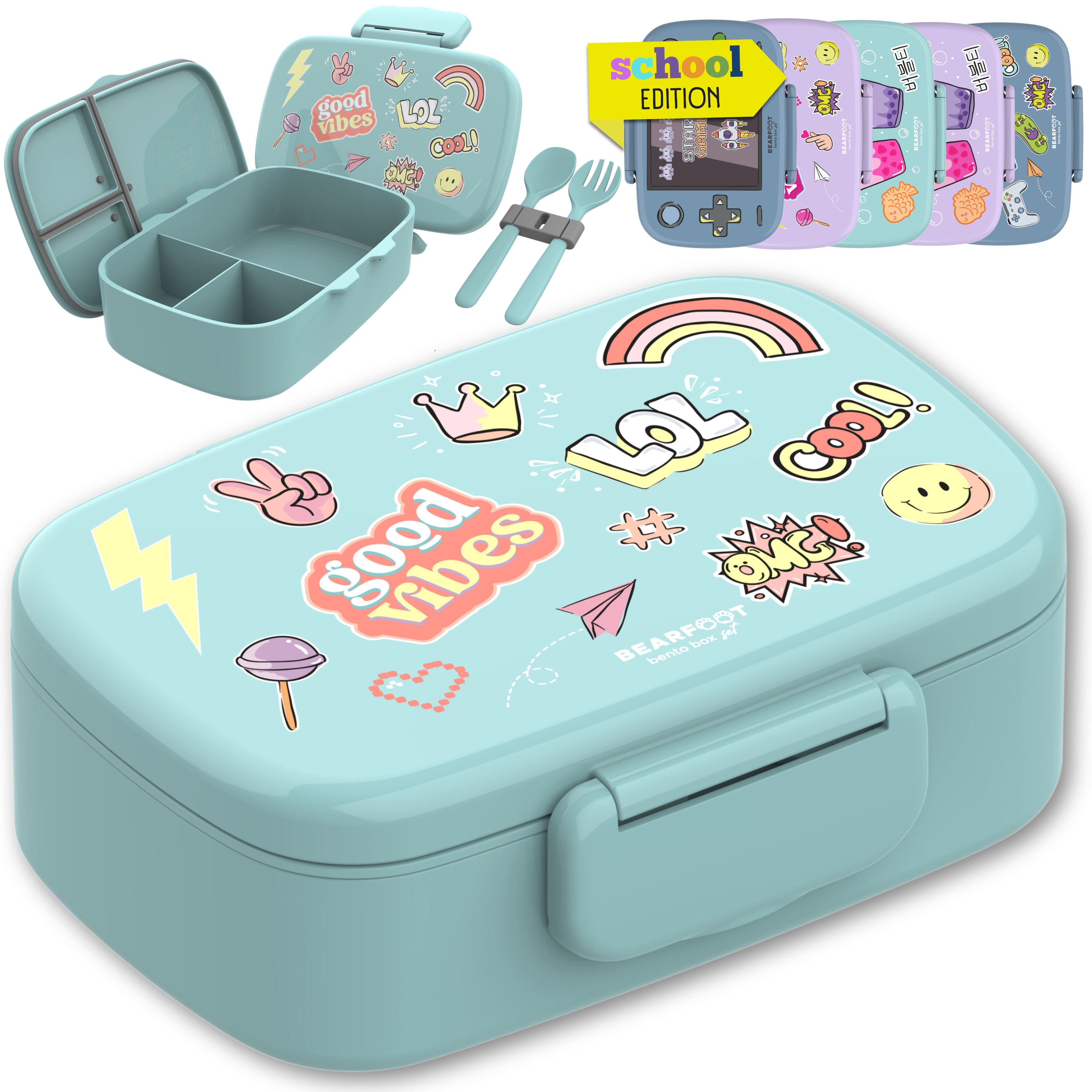 BEARFOOT Lunchbox Brotdose Kinder mit Fächern, auslaufsicher - Sticker, mint, Kindergarten und Schule - Mädchen und Jungen, Vesperbox, Snackbox