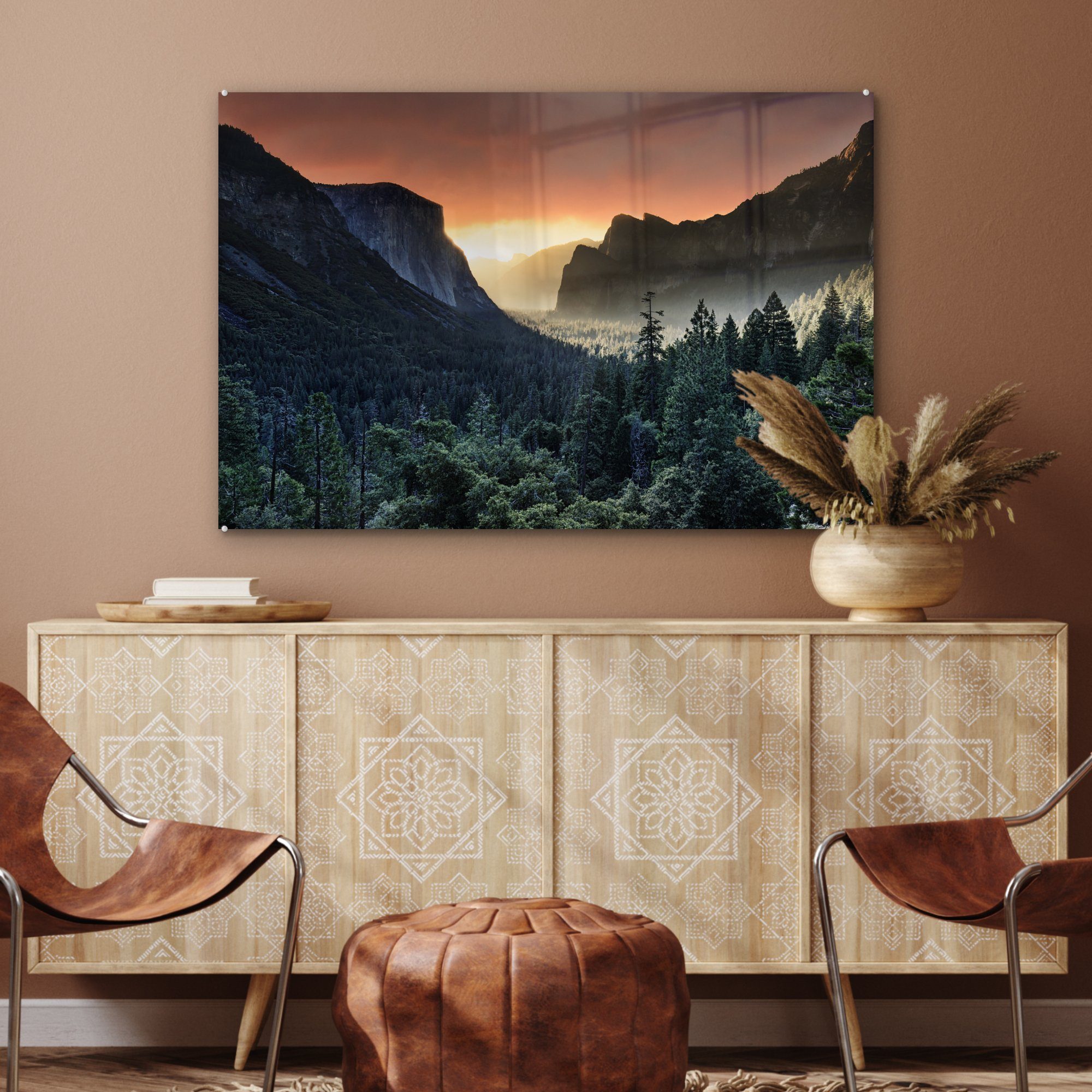 Sonnenaufgang MuchoWow Schlafzimmer Wohnzimmer nebliger & (1 Acrylglasbilder Ein Acrylglasbild Yosemite-Nationalpark, im St),