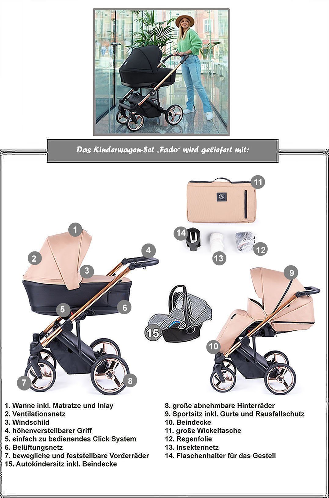 babies-on-wheels Kombi-Kinderwagen in Fado 24 Designs - 15 in 3 beige = Gestell Kinderwagen-Set 1 Teile - Türkis