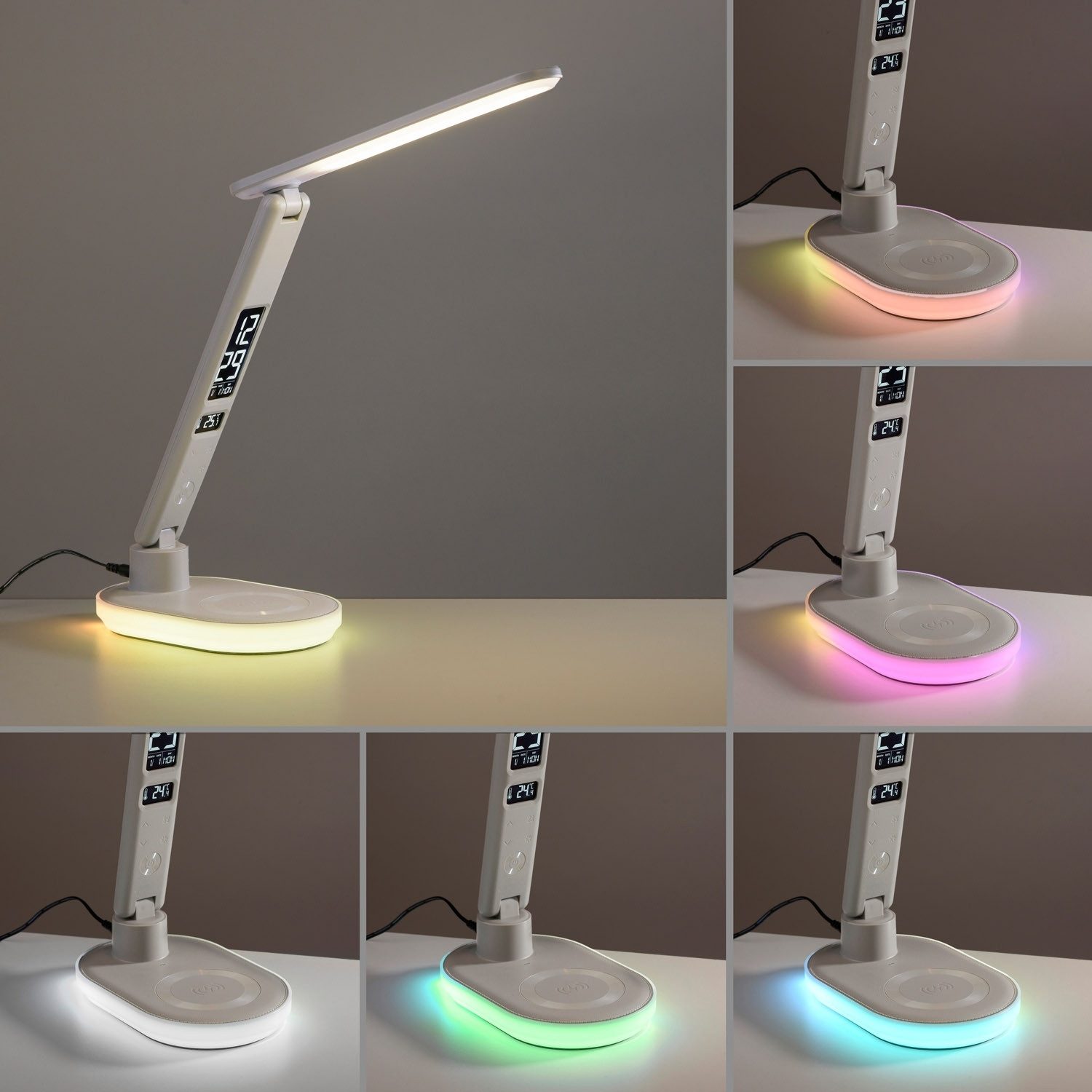 JUST LIGHT LED Schreibtischlampe TINA, H 54 cm, 2-flammig, Weiß, Kunststoff, Anpassung der Farbtemperatur, Dimmfunktion, RGB-Farbwechsel, LED fest integriert, Extra-Warmweiß, Neutralweiß, Touchsensor, Handyladefunktion, Zeitanzeige