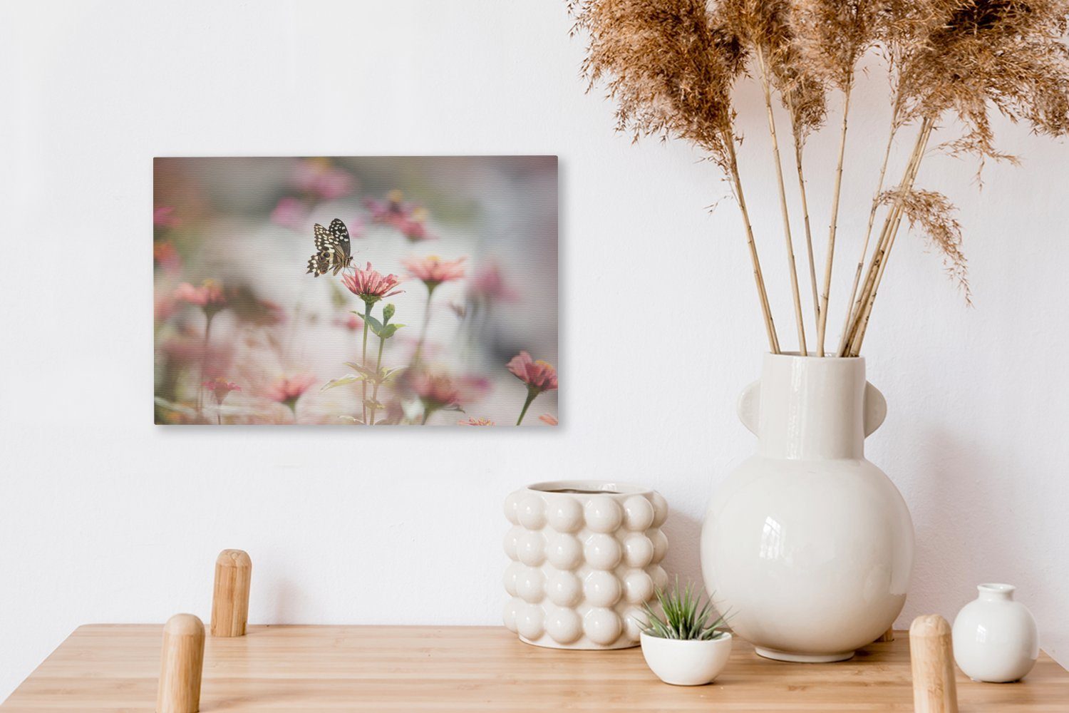 OneMillionCanvasses® Leinwandbild Schmetterling Wandbild Aufhängefertig, St), - Rosa, - 30x20 Blume Leinwandbilder, (1 Wanddeko, cm