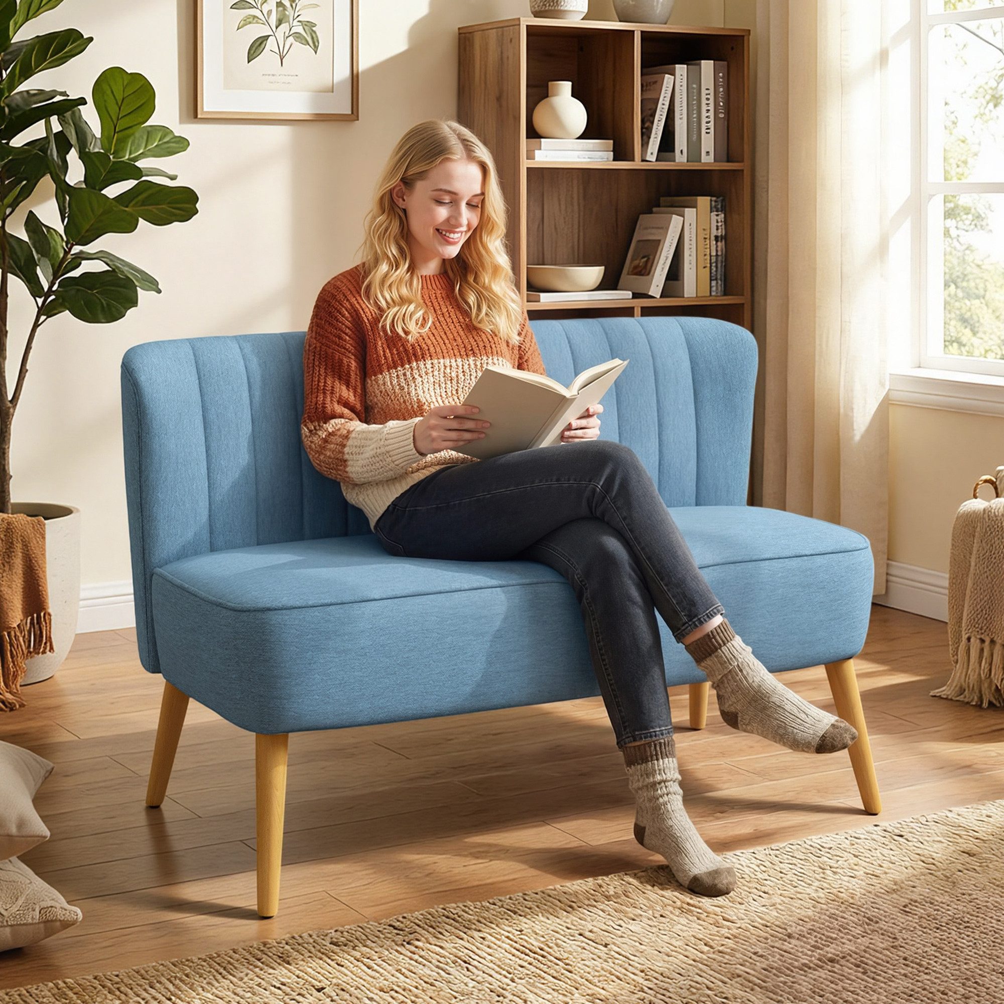 HOMCOM 2-Sitzer Sofa Loveseat mit Leinen-Optik für Schlafzimmer 117x56,5x77cm, Doppelsofa 1 Teile, für Wohnzimmer, Schlafzimmer, 117 x 56,5 x 77 cm, Blau