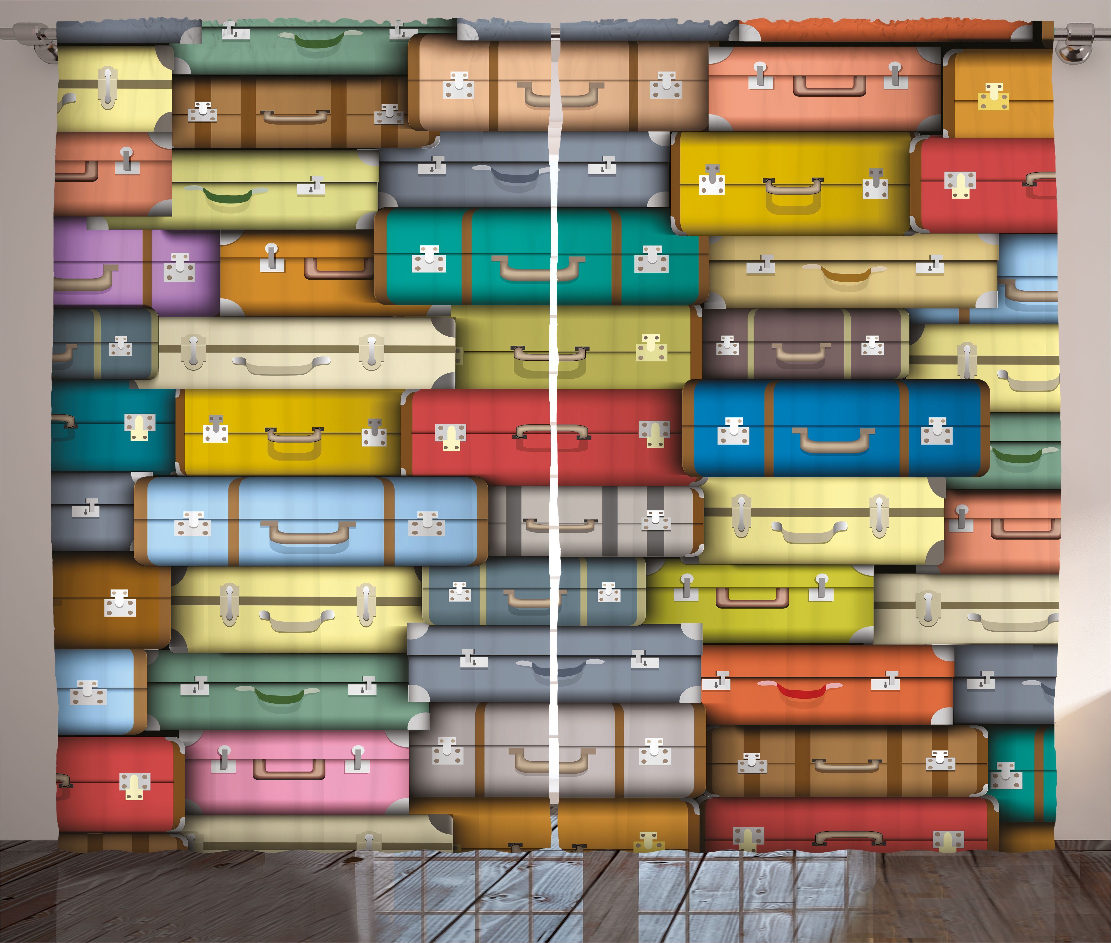 Gardine Schlafzimmer Kräuselband Vorhang mit Schlaufen und Haken, Abakuhaus, Jahrgang Farbige Reise-Koffer