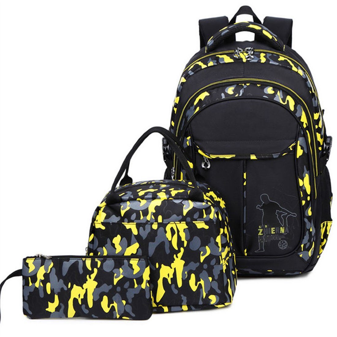 Gelb gedruckt Set, Schulrucksack Kinder Student DÖRÖY Camouflage 3 Stück Schulranzen Backpack