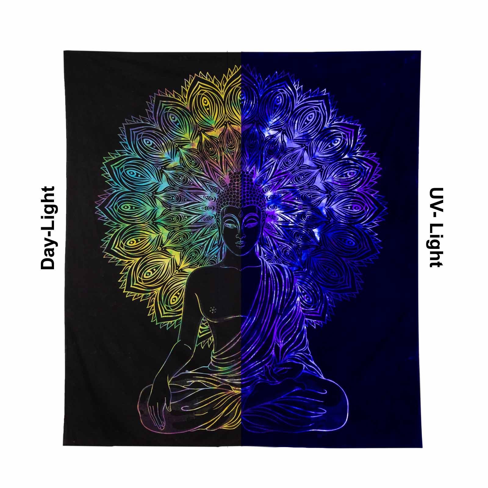 KUNST UND MAGIE Wandteppich Tuch Buddha Tagesdecke Wandbehang Deko UV Schwarzlicht ca. 200 x 135cm