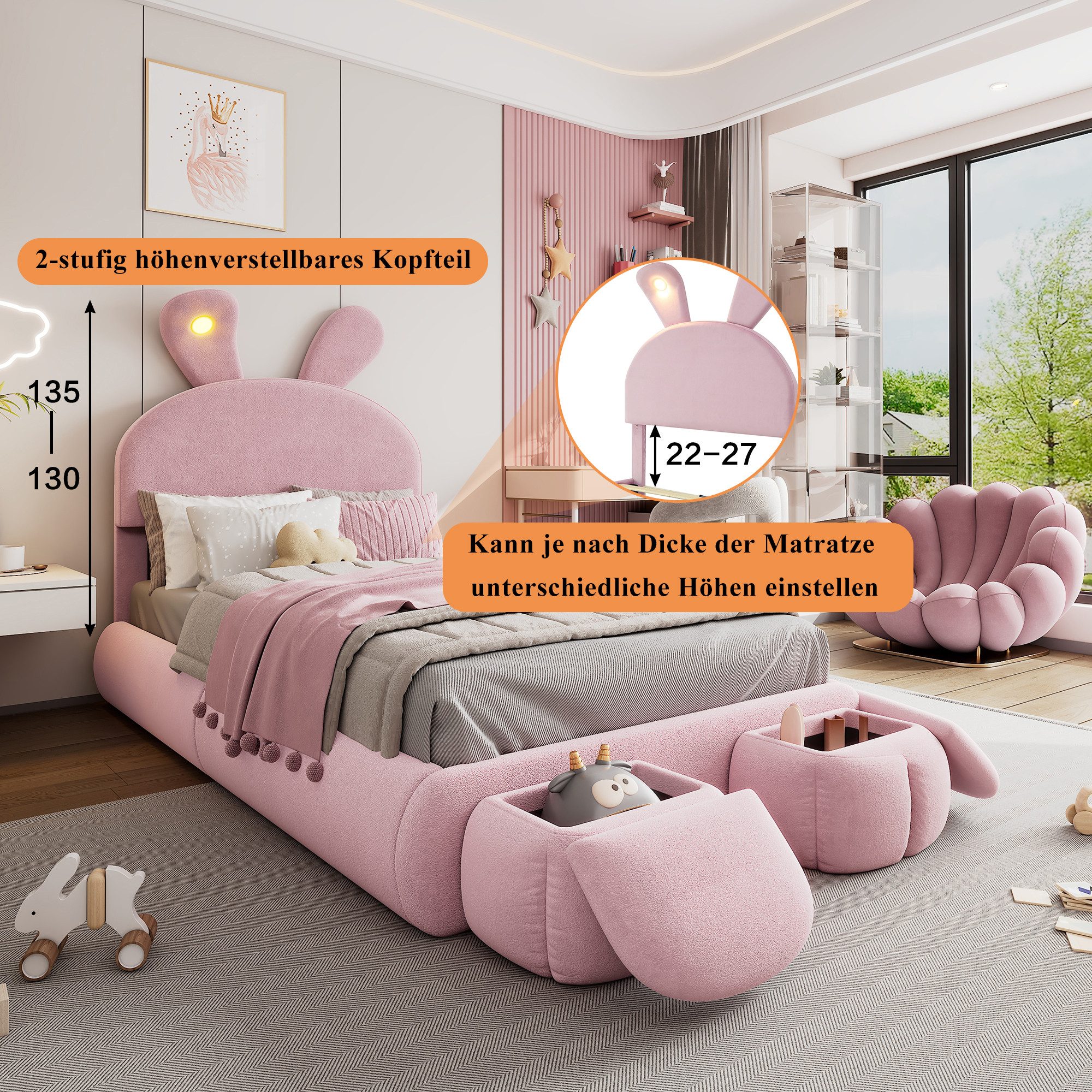 Flieks Polsterbett, LED Einzelbett 90x200cm mit Hasenohren Kopfteil und 2 Stauraumhockern