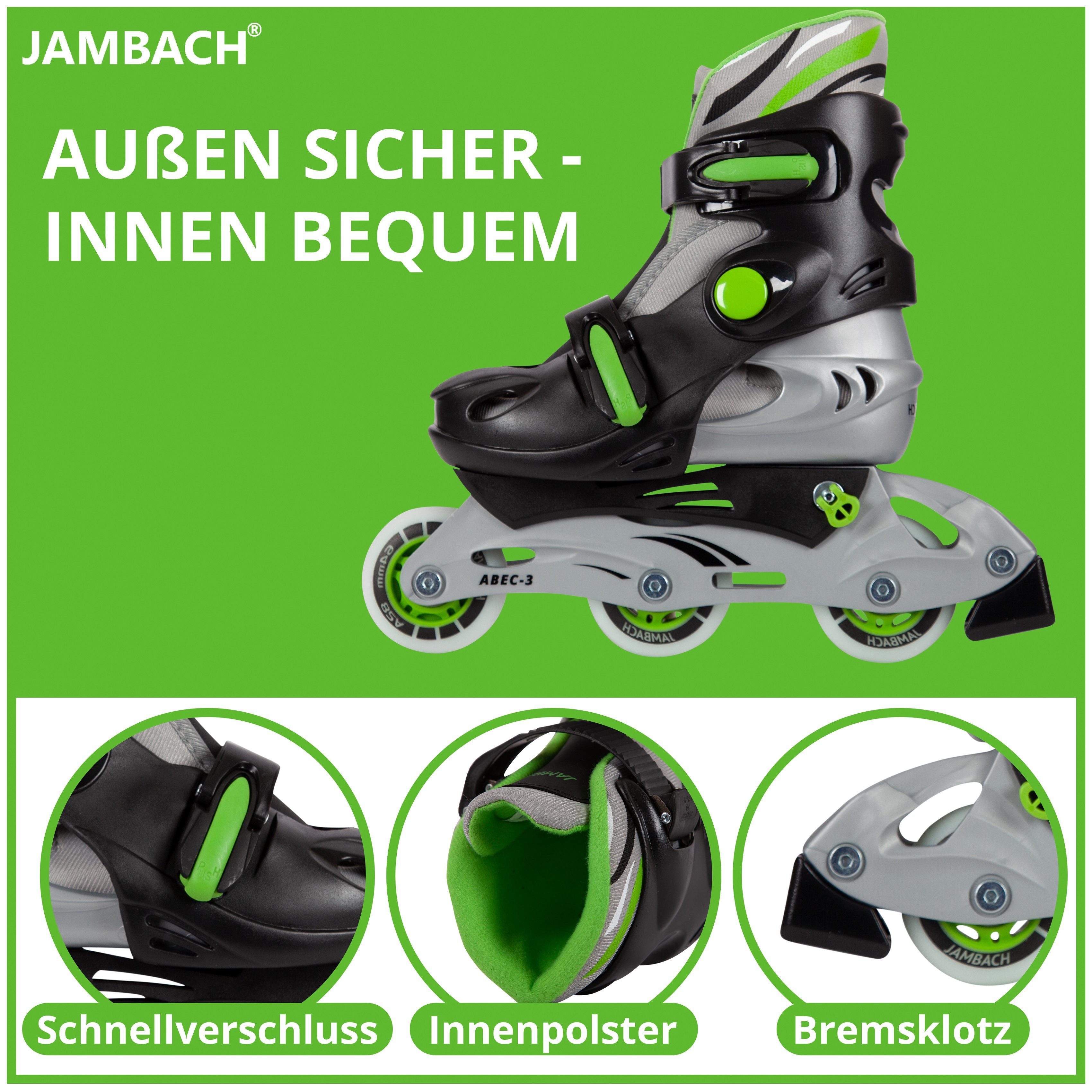 JAMBACH Inlineskates, (Set, Inliner, Protektoren, Rucksack), blinkende grün Helm, Einsteiger Set Größe verstellbare Rolle