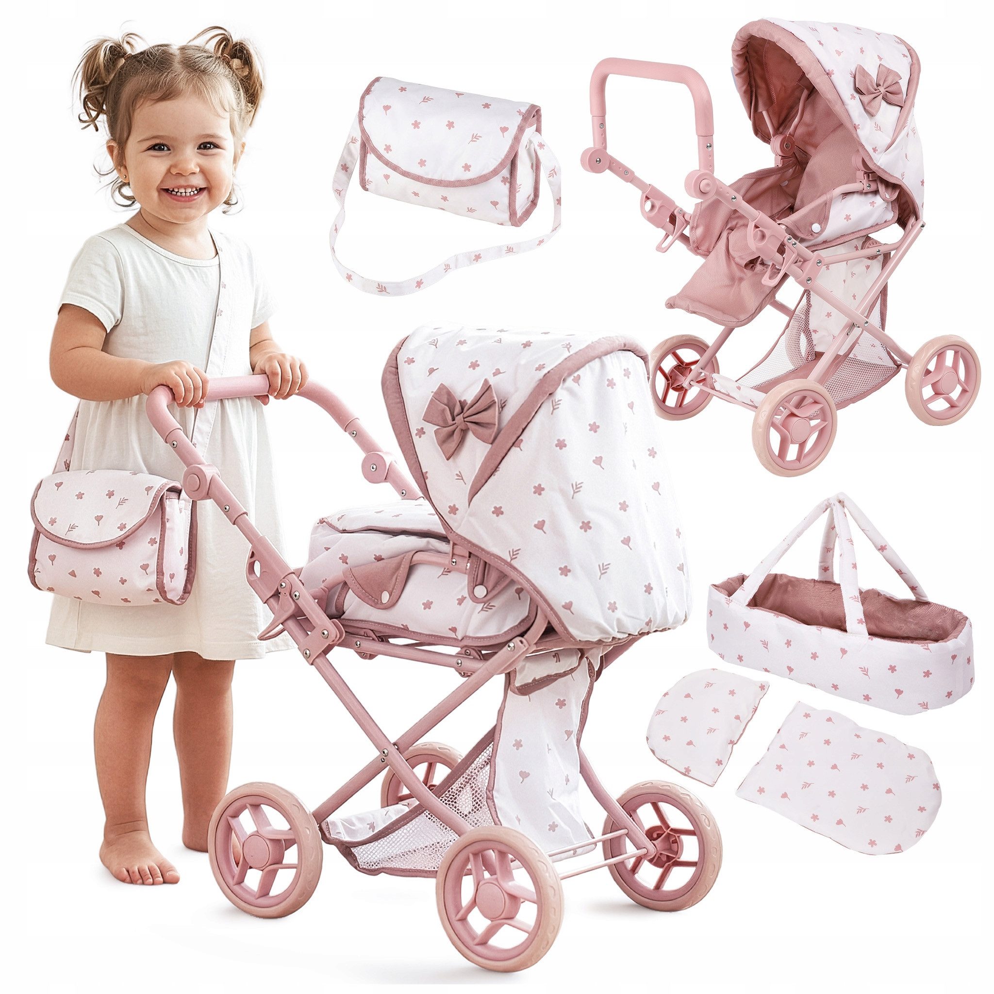kinderplay Puppenwagen Puppenwagen 3in1 – höhenverstellbar – leise Rollen – Spielset, (Set)