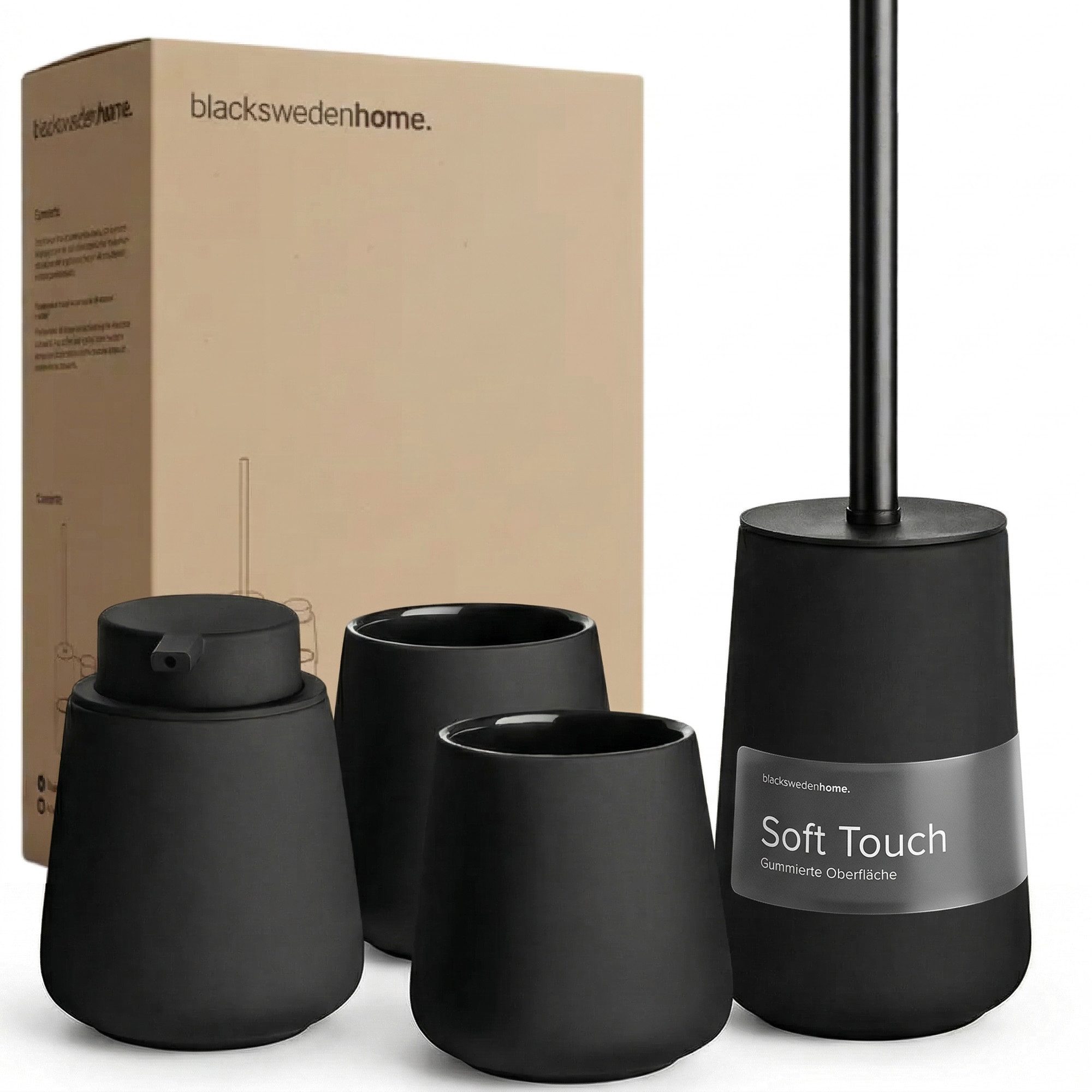 blackswedenhome. Badaccessoire-Set Badezimmer Accessoire Set aus Keramik und Soft Touch Oberfläche, Set, 1 schwarze Toilettenbürste, 1x Seifenspender, 2x Zahnputzbecher, Gummierte Oberfläche