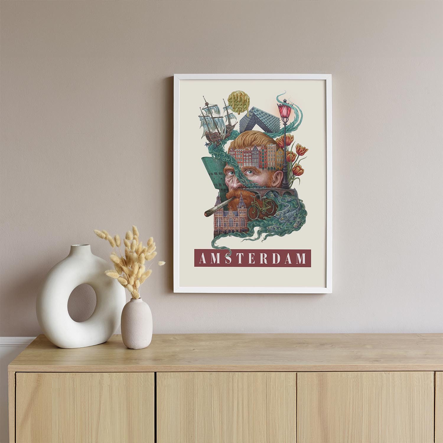 Tulup Bild mit Rahmen Amsterdam Illustration im Rahmen, Kunstdruck mit Rahmen