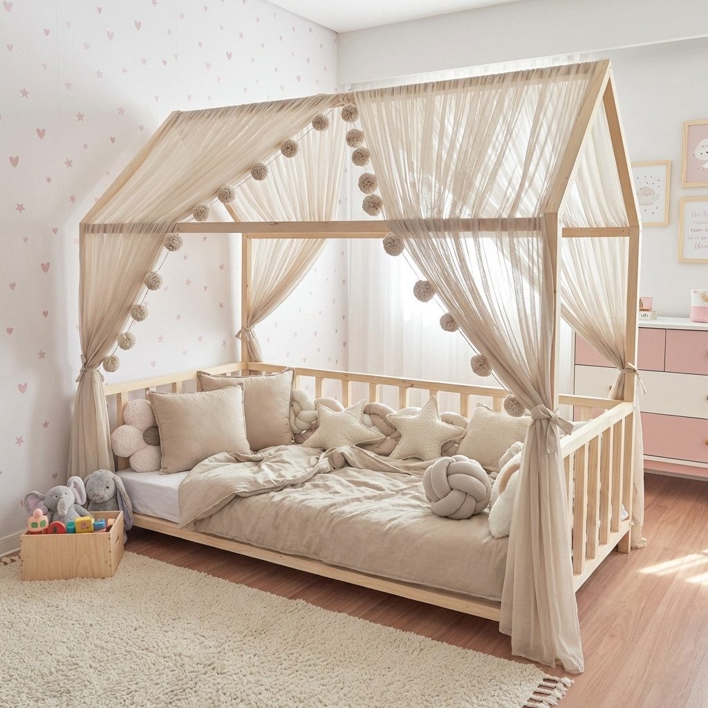 Baby Fancyroom Betthimmel Betthimmel Tüll Hausbett Kinderbett 2 Stück 340cm 380cm Montessori (3-tlg. Set mit 2x Betthimmel und einer 20er Pomponkette, Baldachin, Kinder Betthimmel Baldachin Himmel Deko Set), Betthimmel für Hausbett Montessori