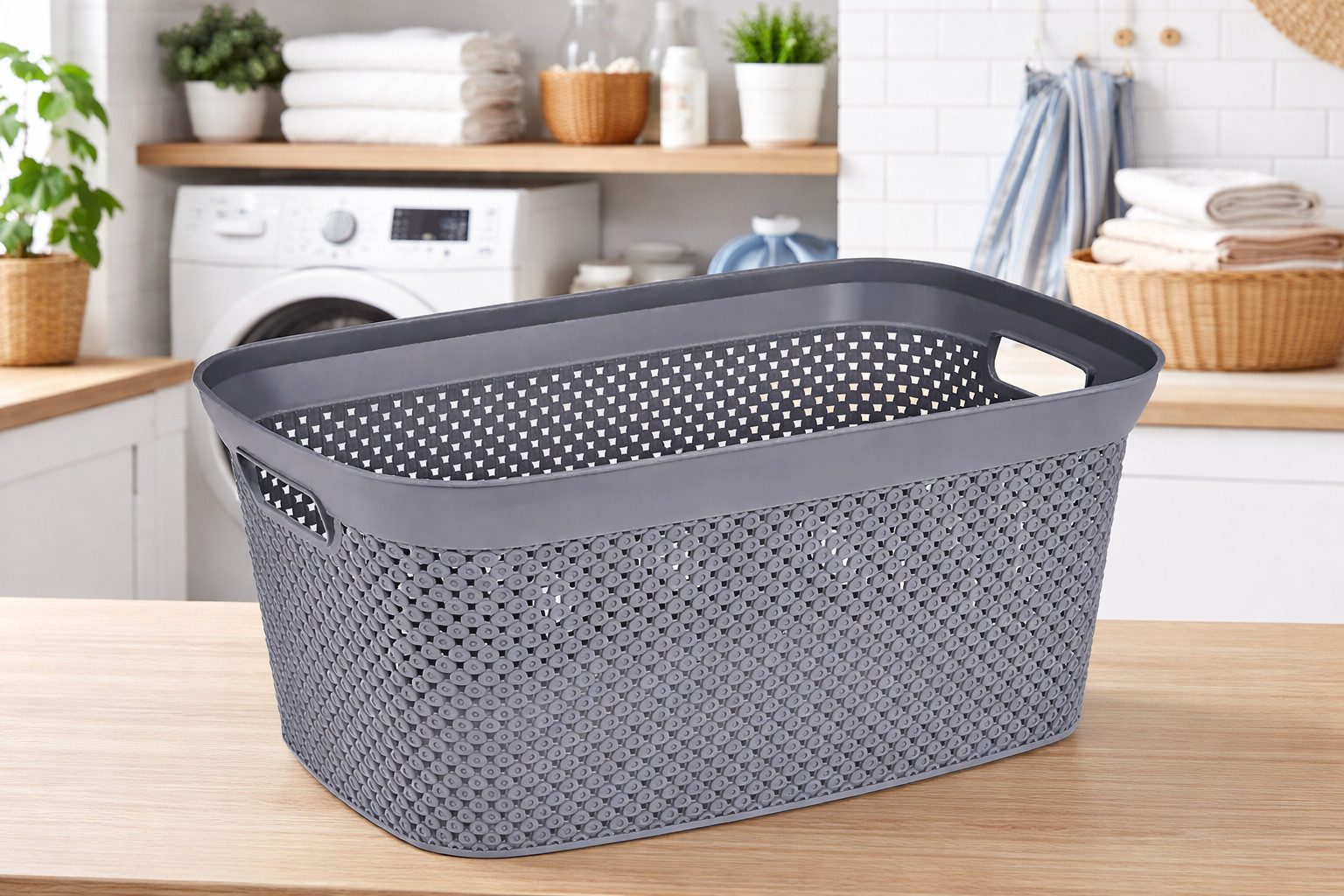 Ebaxx Wäschekorb Wäschekorb Plastik Kunststoff Korb Grau Weiß Rattan Optik 35 L