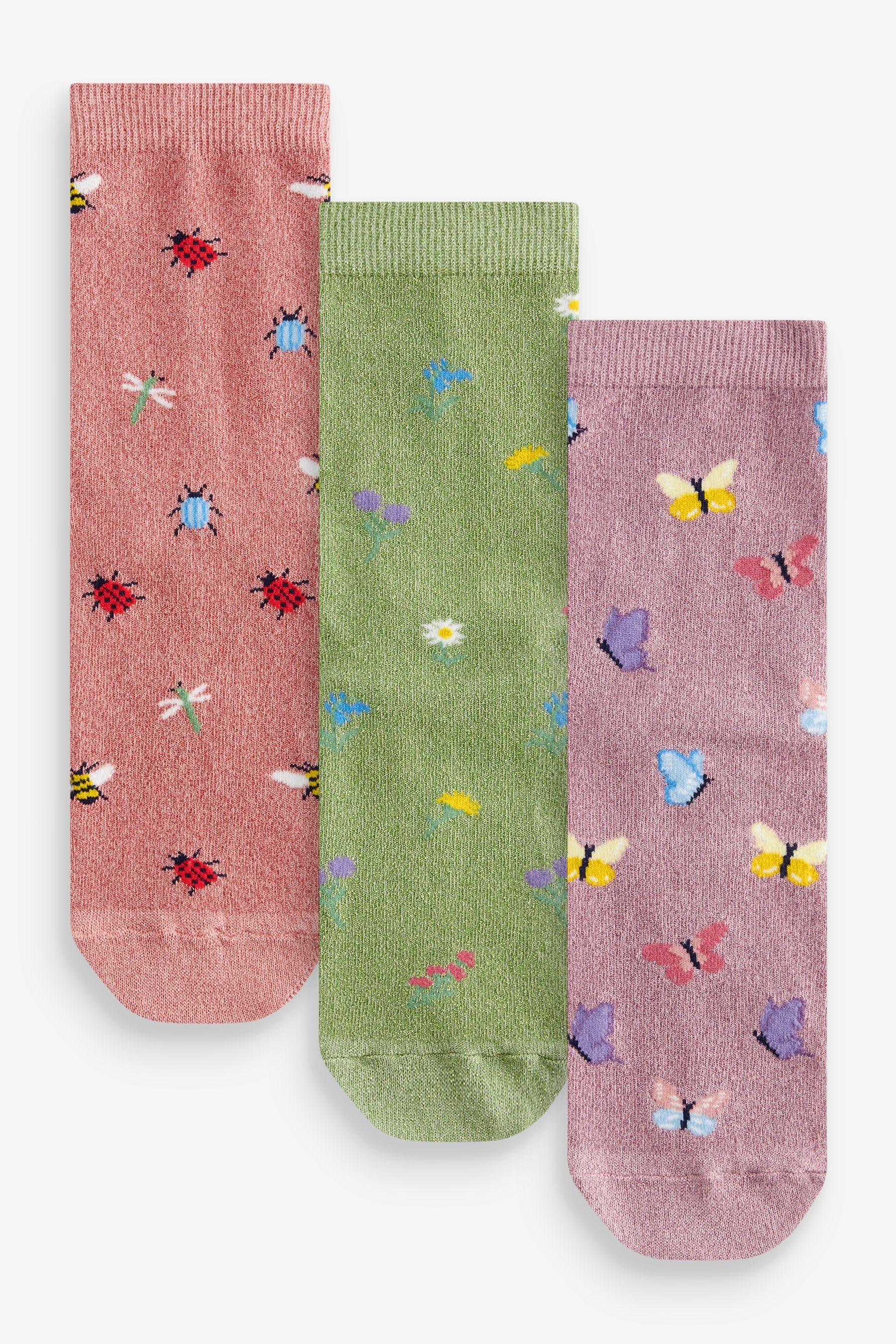 Next Kurzsocken Söckchen mit Glitzer-Effekt, 3er-Pack (1-Paar) Flowers/Bees/Butterflies