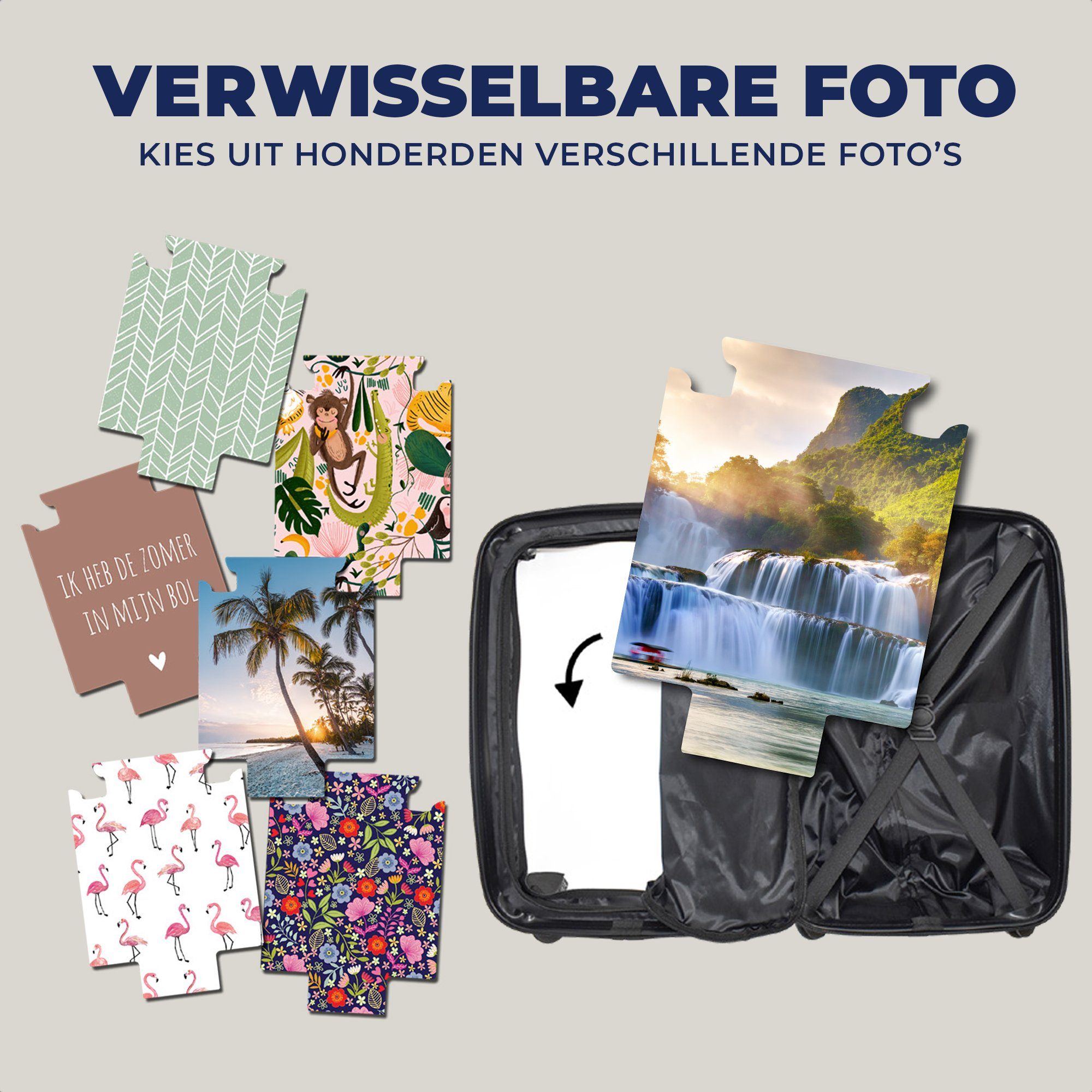 Natur, für Reisekoffer rollen, Rollen, Wasser Pflanzen MuchoWow Sonne Handgepäckkoffer Handgepäck - - mit - Trolley, Wasserfall Ferien, Reisetasche 4 -