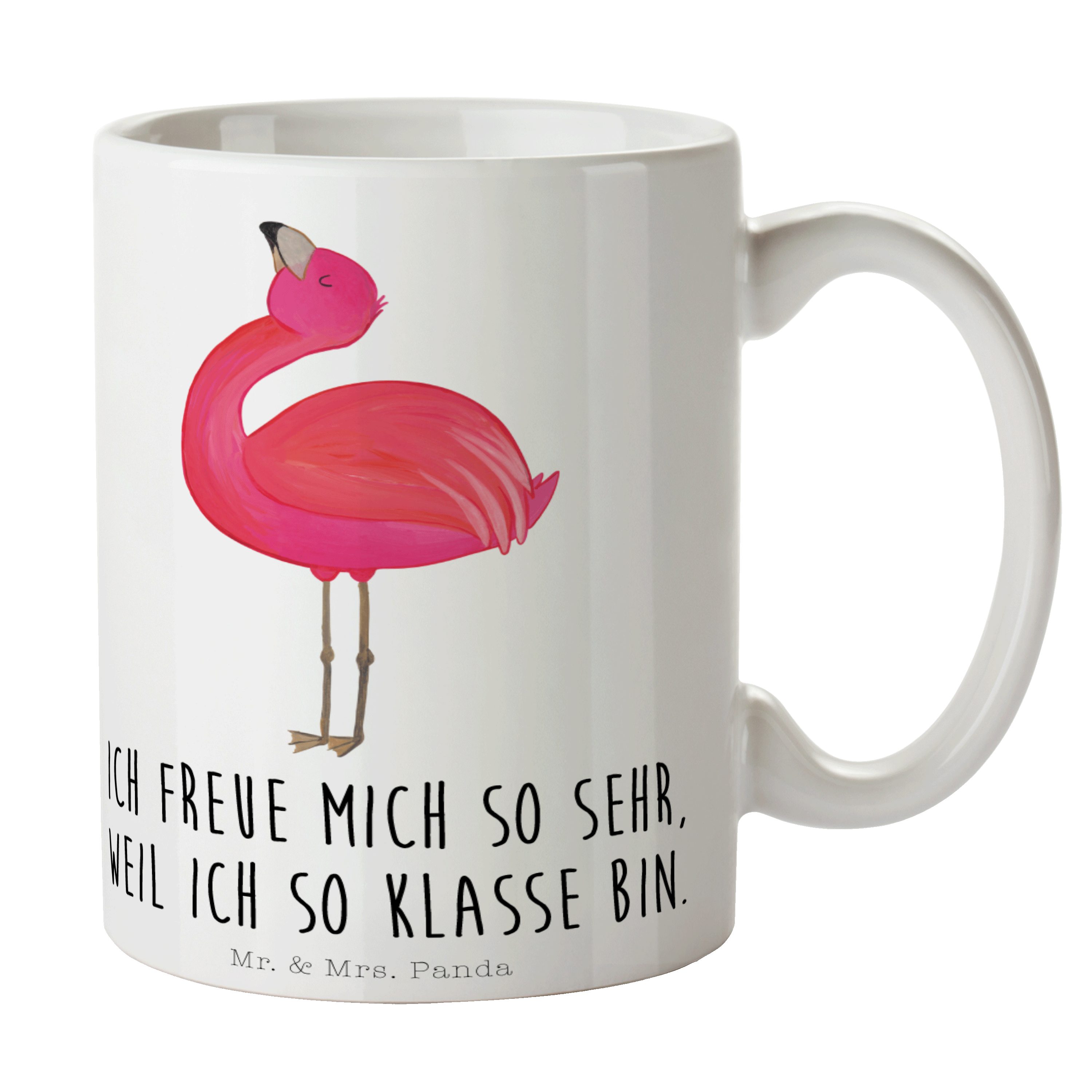 Mr. & Mrs. Panda Tasse Flamingo stolz - Weiß - Geschenk, beste Freundin, zufrieden, Porzella, Keramik