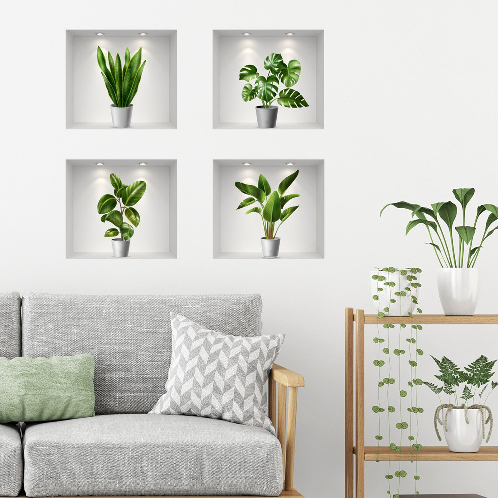 MOPUEA Wandtattoo 4 Wandtattoos mit Effekt für Wohnzimmer Schlafzimmer und Küche pur (4 Wandtattoos mit 3D-Effekt für Wohnzimmer Schlafzimmer und Küche pur, 4 Muster mit 3D-Pflanzen und Vasen leicht anzubringen und ablösbar pur), 3D-Optik ablösbar leicht anzubringen langlebig sowie rückstandsfrei