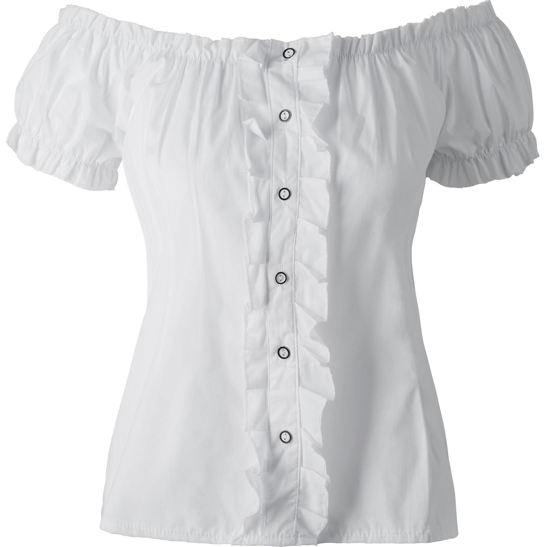 dressforfun Trachtenbluse Kurzärmelige Dirndlbluse aus reiner Baumwolle mit Carmen-Ausschnitt (Landhausbluse Gerti, in weiß) Rüschen-Knopfleiste, Rückenschnürun – Bild 2 von 5