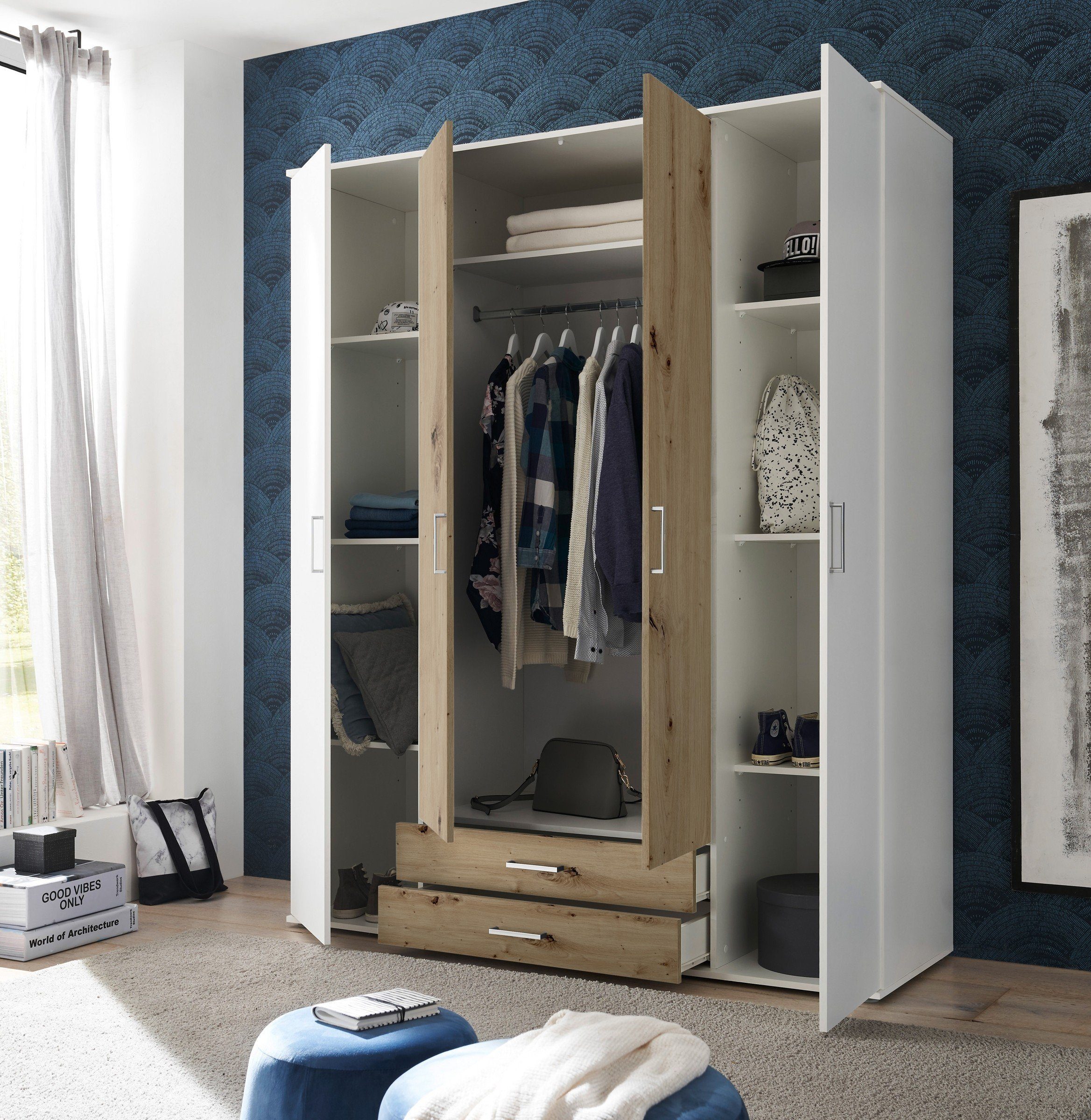 Pol-Power Kleiderschrank in Weiß / Artisan Eiche mit 2 Schubladen und 4 Türen (BxHxT: 160x196x54 cm)