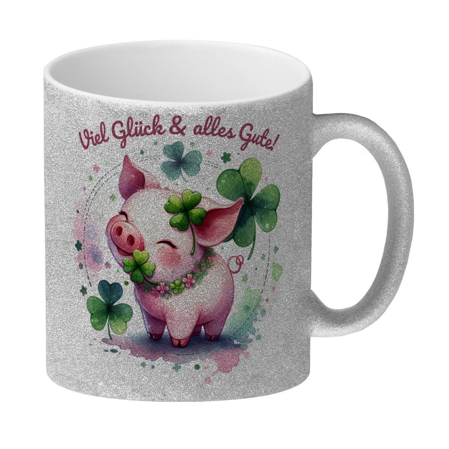 Tasse Glücksschwein Glitzer Kaffeebecher mit Spruch Viel Glück & alles
