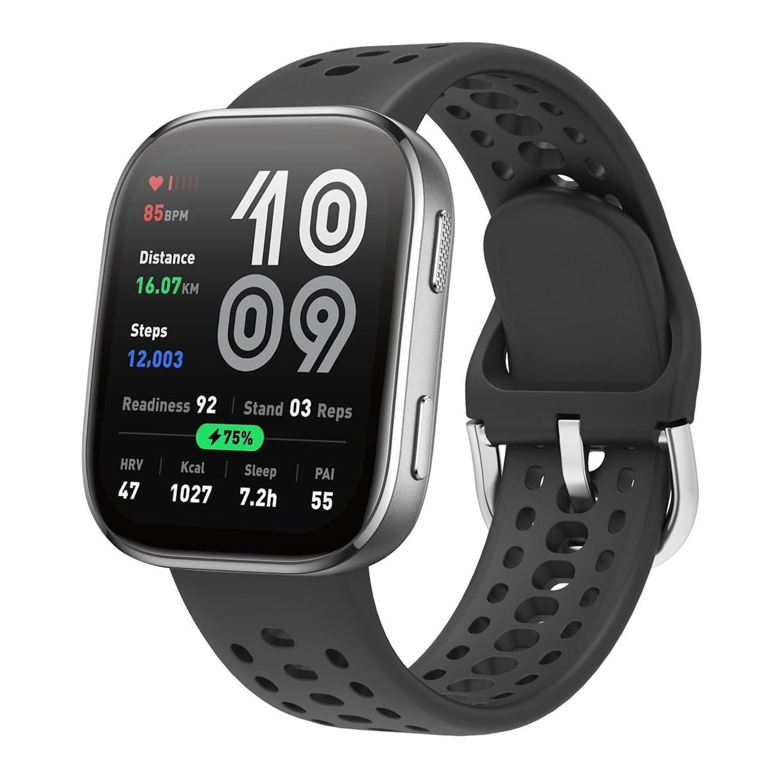 Wigento Smartwatch-Armband Für Amazfit Bip 6 Silikon Design Ersatz Smart Watch Armband Schwarz, Silikonarmband mit robuster silberner Dornschließe
