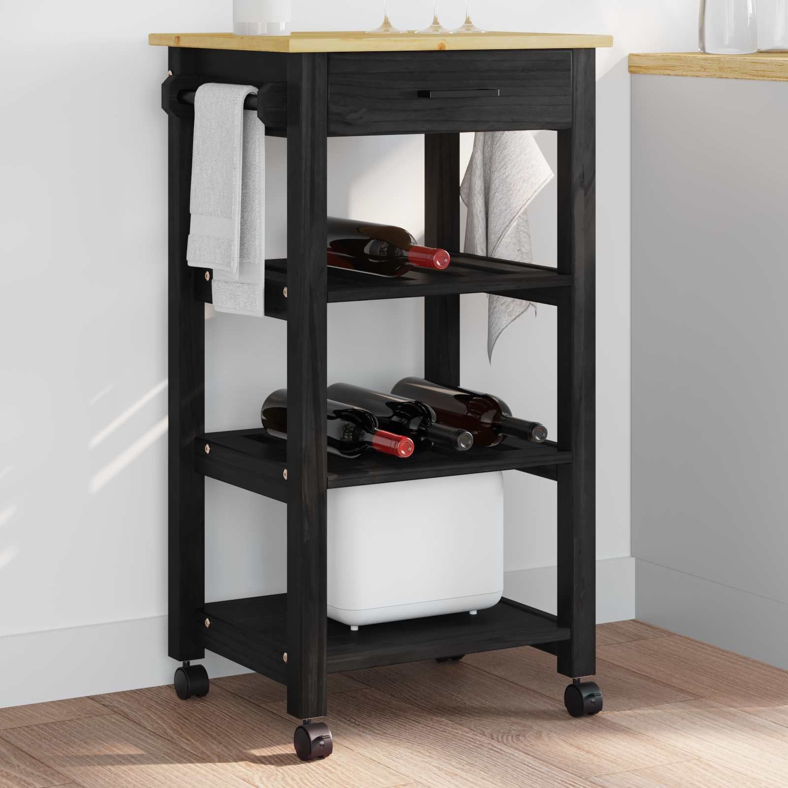 vidaXL Küchenwagen Küchentrolley MONZA Schwarz 48 x 40 x 88,5 cm Massivholz Kiefer, (1 St)