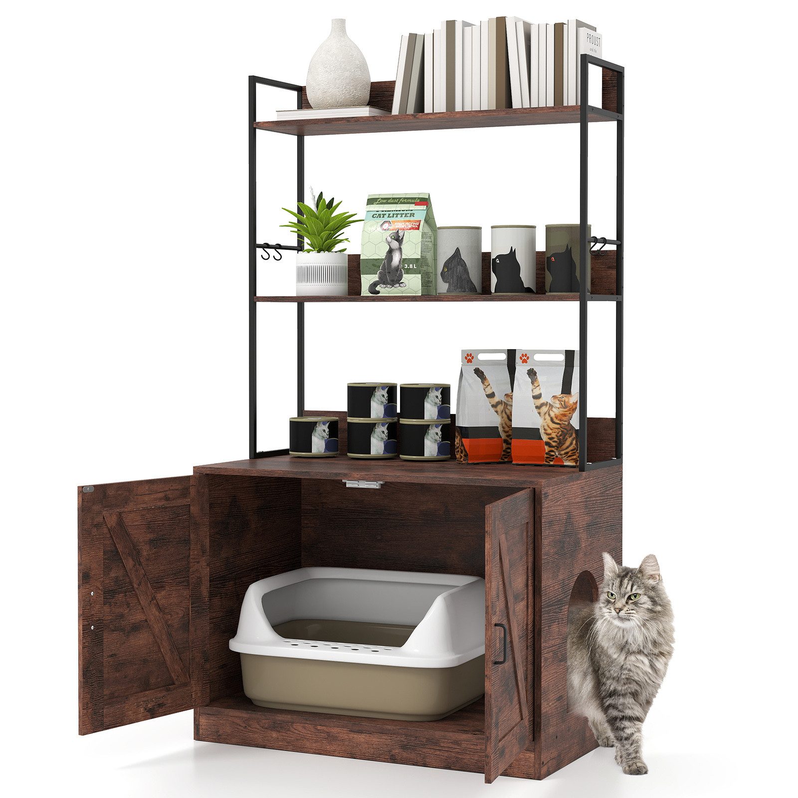COSTWAY Tierhaus, Katzenschrank mit Bücherregal, 4 Haken, Katzenklo Schrank