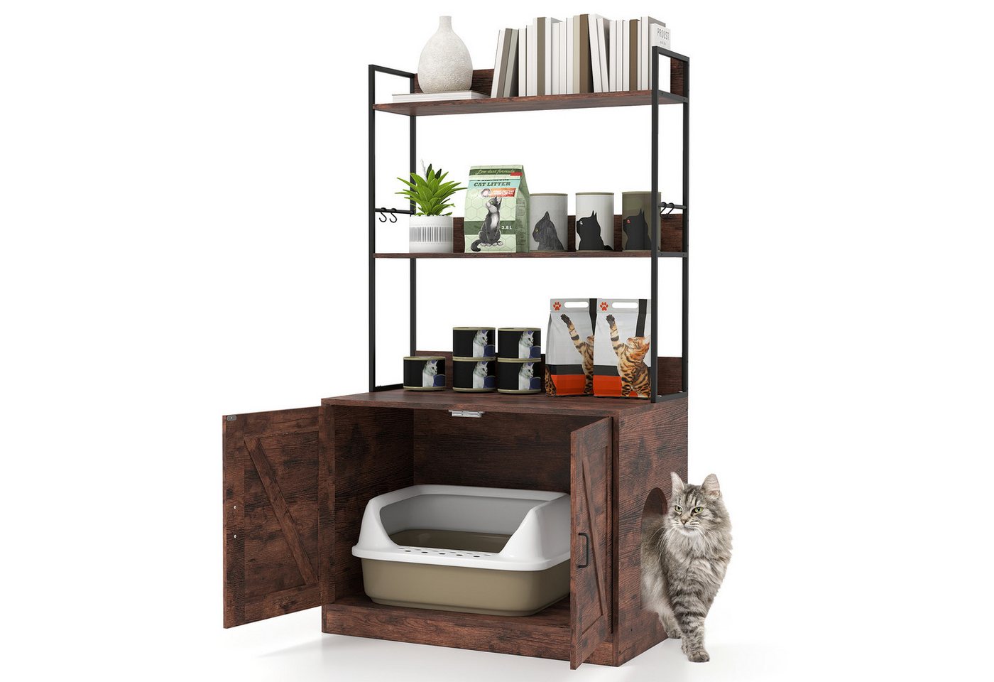 COSTWAY Tierhaus, Katzenschrank mit Bücherregal, 4 Haken, Katzenklo Schrank
