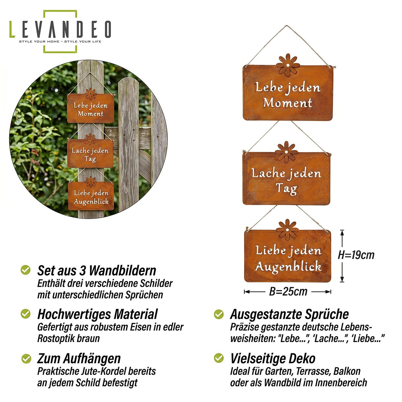 Levandeo® Wandbild, 3er Set Wandbilder Sprüche 25x19cm Schilder Rostdeko Lebe Liebe Lache