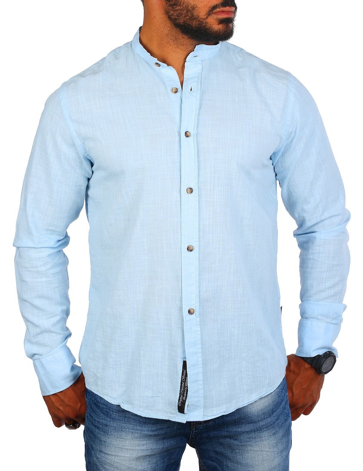 CARISMA Langarmhemd Herren Leinen Baumwoll Mix Hemd 8389 Regular Langarm Stehkragen Uni