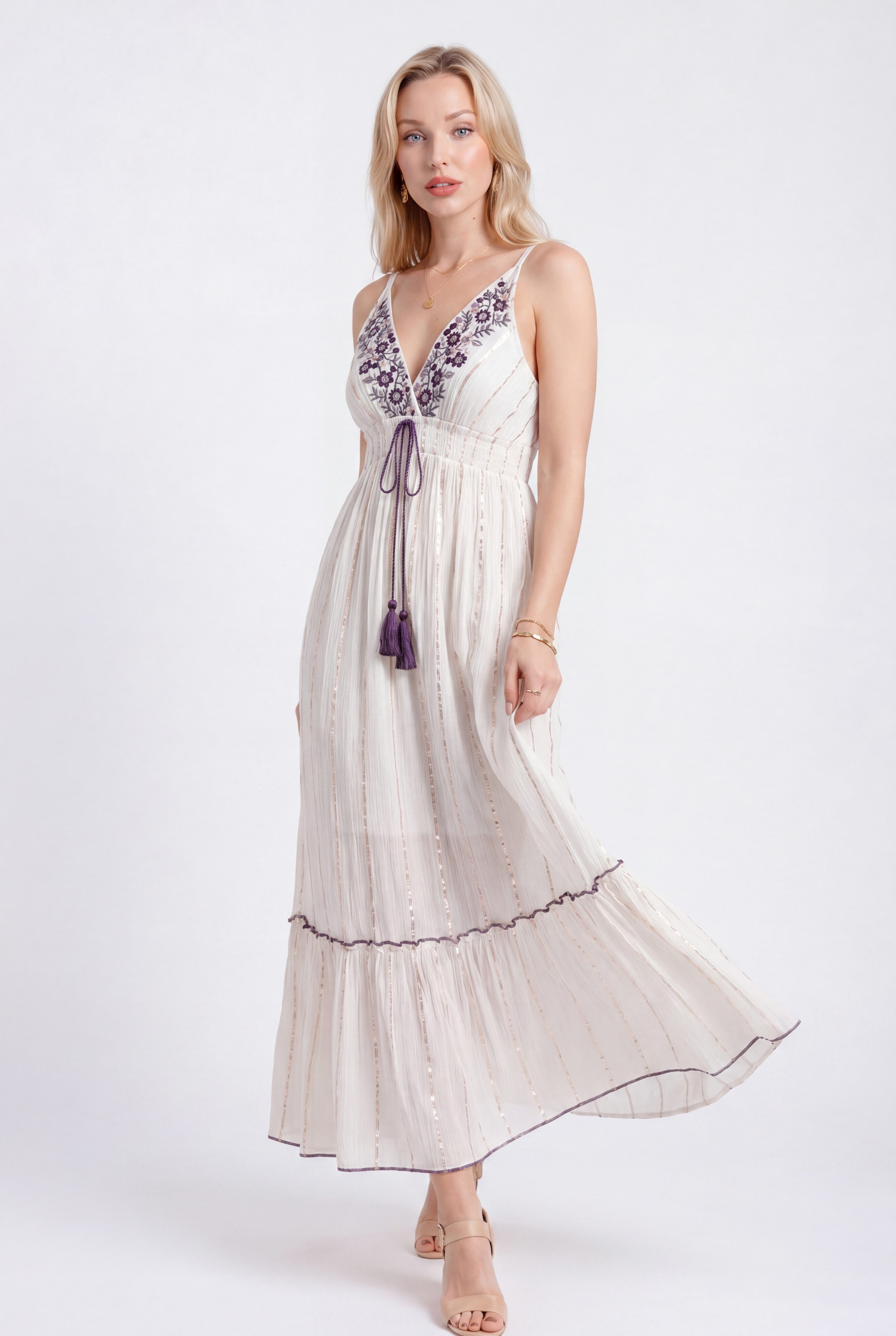 YC Fashion & Style Maxikleid Sommerkleid mit floraler Stickerei und elastischer Empire-Taille aus Viskose