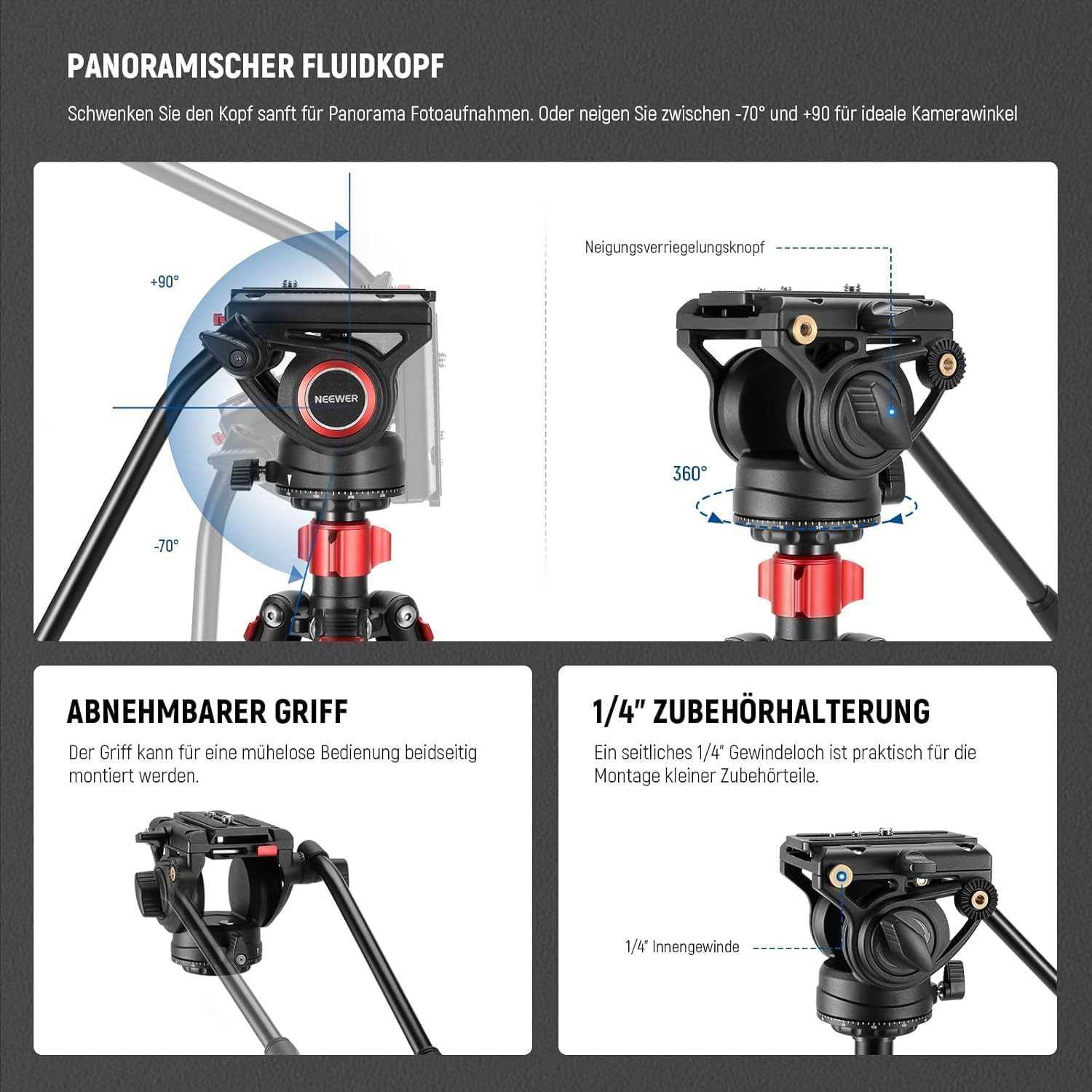 Neewer TP72A 72" Fluidkopf Einbeinstativ 8kg Traglast Einbeinstativ (höhenverstellbar von 61 bis 181 cm)