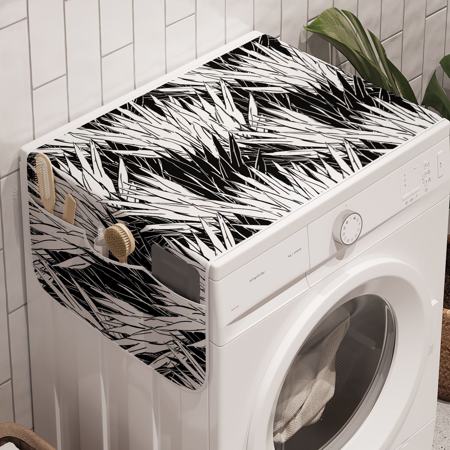 Abakuhaus Badorganizer Anti-Rutsch-Stoffabdeckung für Waschmaschine und Trockner, Tropisch Monochrome Simplistic Palm