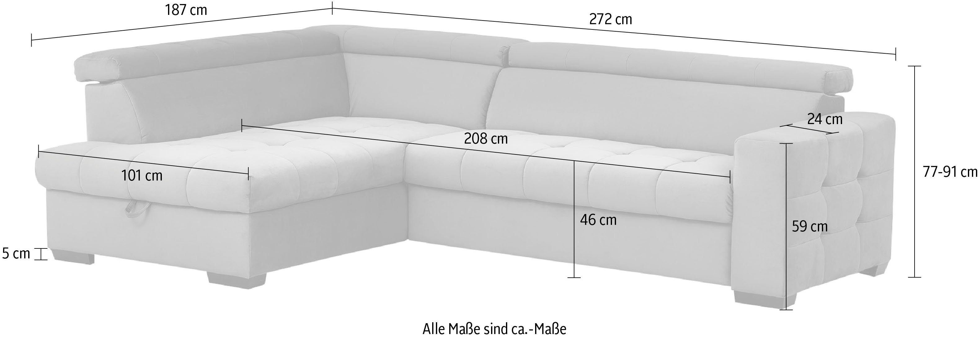 exxpo - sofa Bettfunktion Bettkasten Otusso, im mit Sitzbereich, fashion Ecksofa Wahlweise und Steppung