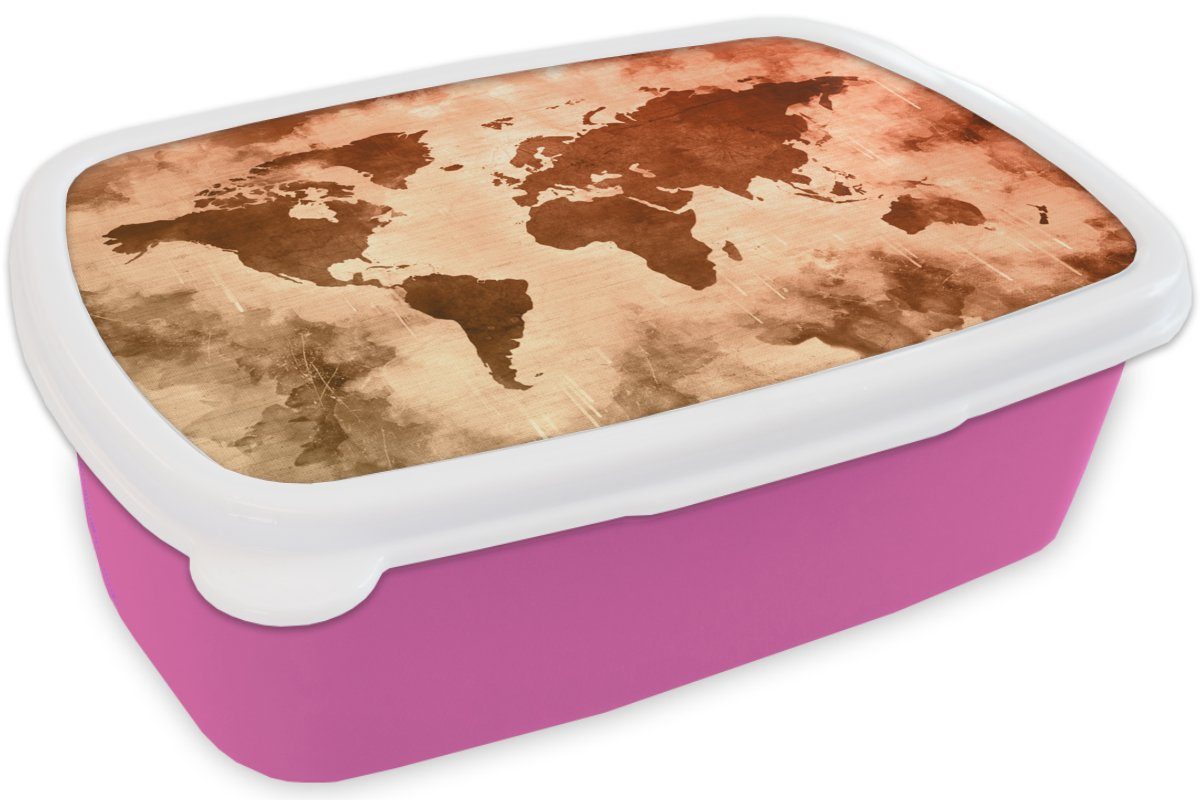 Weltkarte - Rot Brotbox Snackbox, Kunststoff, Erwachsene, Mädchen, Brotdose Lunchbox MuchoWow (2-tlg), rosa Kunststoff - für Braun, Kinder,
