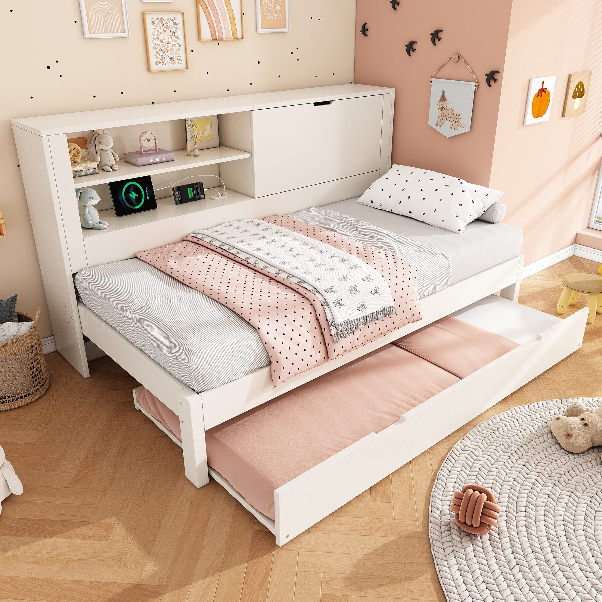 i@home Daybett Einzelbett mit Ausziehbett (Stauraum-Rückwand, USB-Ladestation, Lattenrost & verdecktem Klappfach), 90x190 cm Weiß