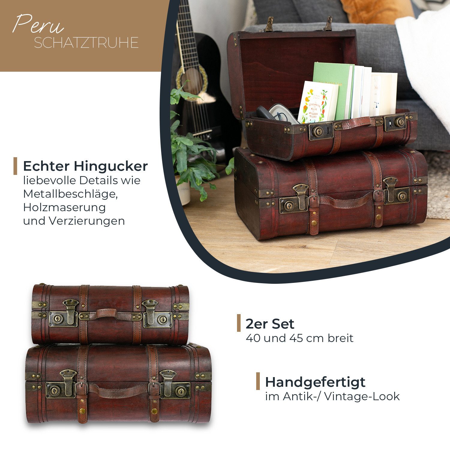 HMF Schatzkiste Schatztruhe aus Holz große Schatzkiste mit Schnappverschlüssen Vintage (2er Set, versch. Größen), Koffer für Kindergeburtstag Hochzeit oder Jubiläum, 40 + 45 cm, Peru