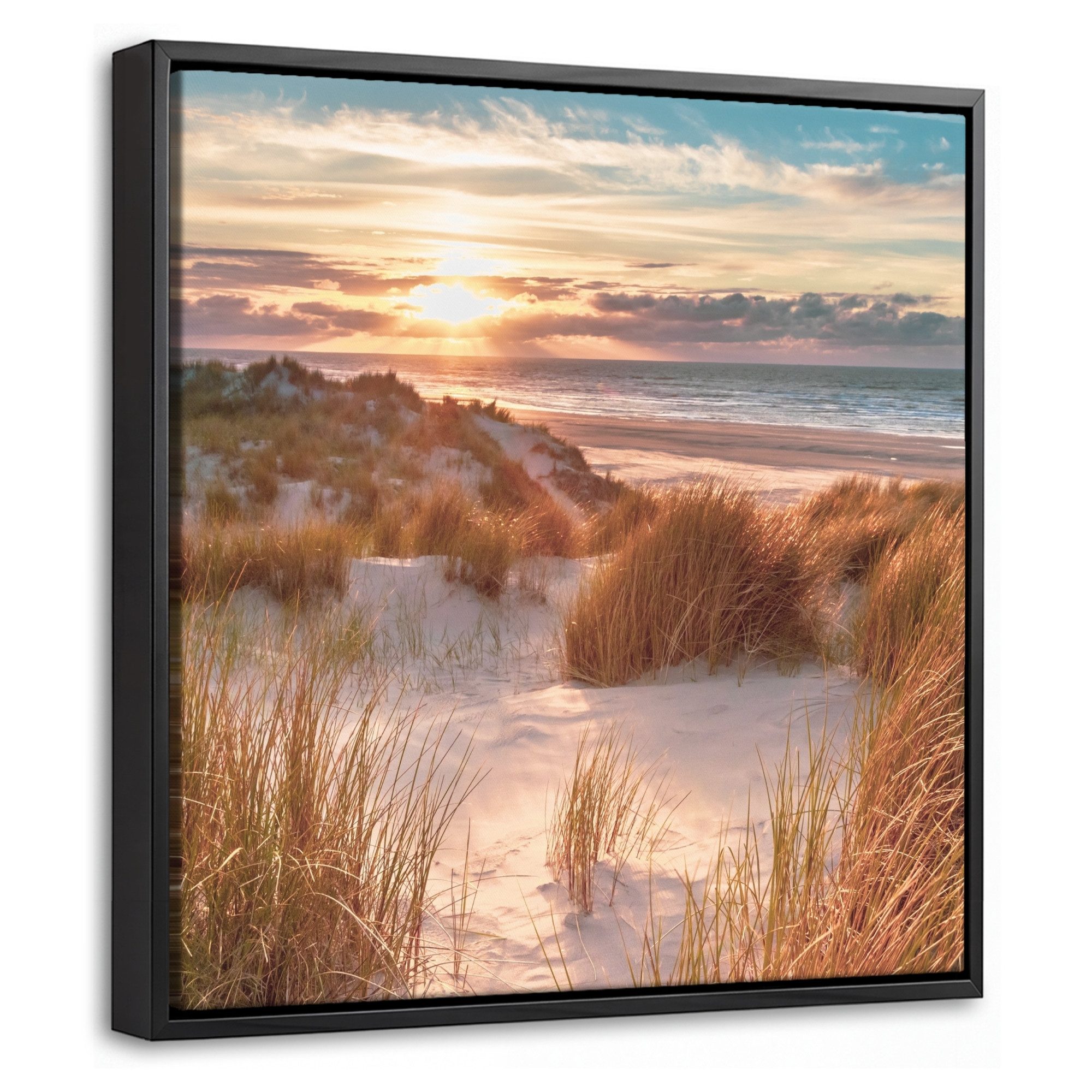 OneMillionCanvasses® Leinwandbild mit Rahmen - Düne - Pflanzen - Sonnenuntergang - Strand - Meer, Fotodruck (1 St), Leinwand Bilder Klein, Wand Dekoration Aesthetic 20x20cm