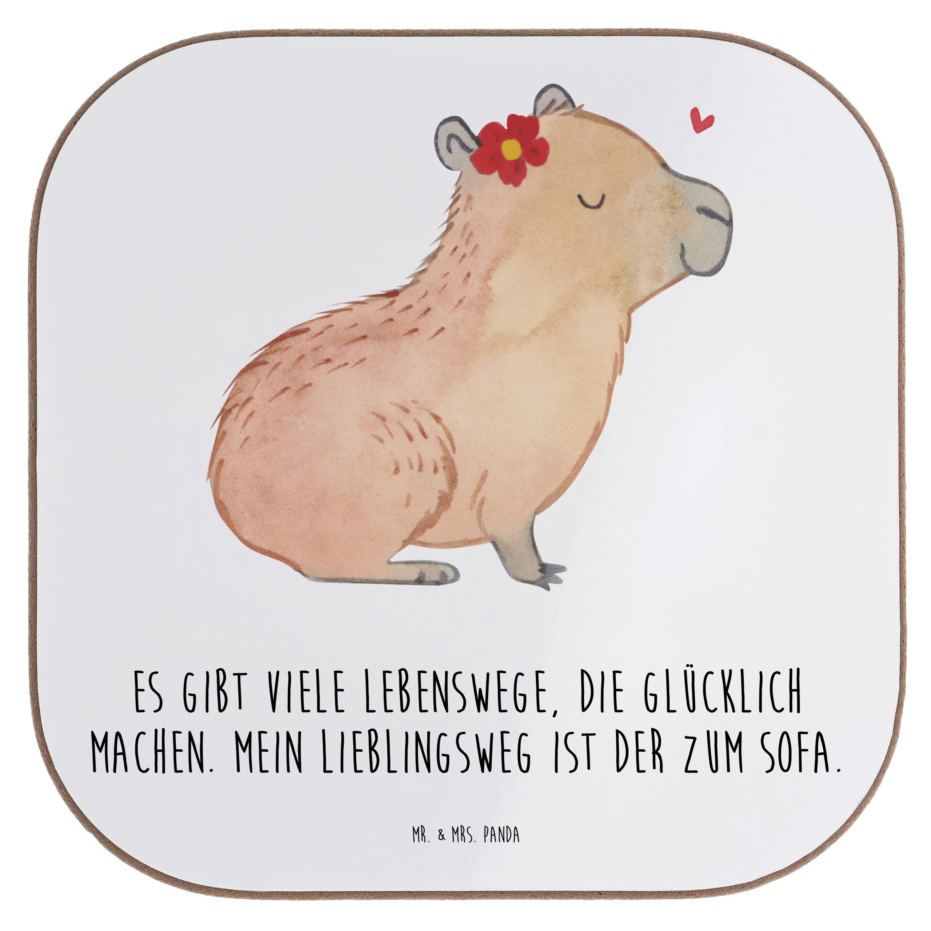 Mr. & Mrs. Panda Getränkeuntersetzer Capybara Blume - Weiß - Geschenk, Bierdeckel, Tiermotive, Gute Laune, 1-tlg.