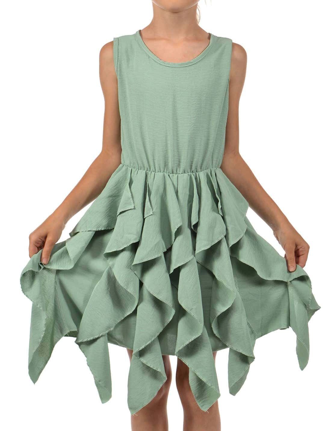 KMISSO zu tragen breite Sommerkleid Träger (1-tlg) und Volants Mädchen am bequem Rock Kleid Grün