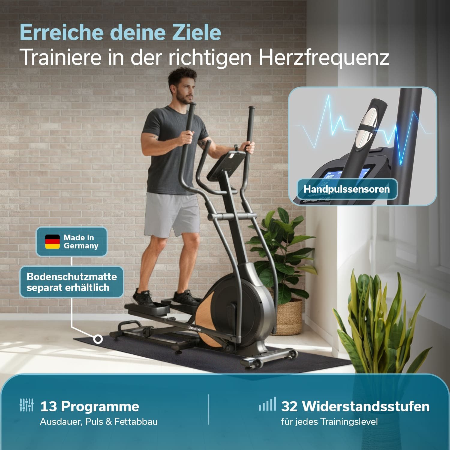 Skandika Crosstrainer Carbon P18, Ellipsentrainer für Zuhause, 32 Widerstandsstufen (Transportrollen, Tablet-Halterung, Bluetooth, bis 135 kg, Größe Pedale), 13 Programme, LCD Display, App kompatibel, Handpulssensoren
