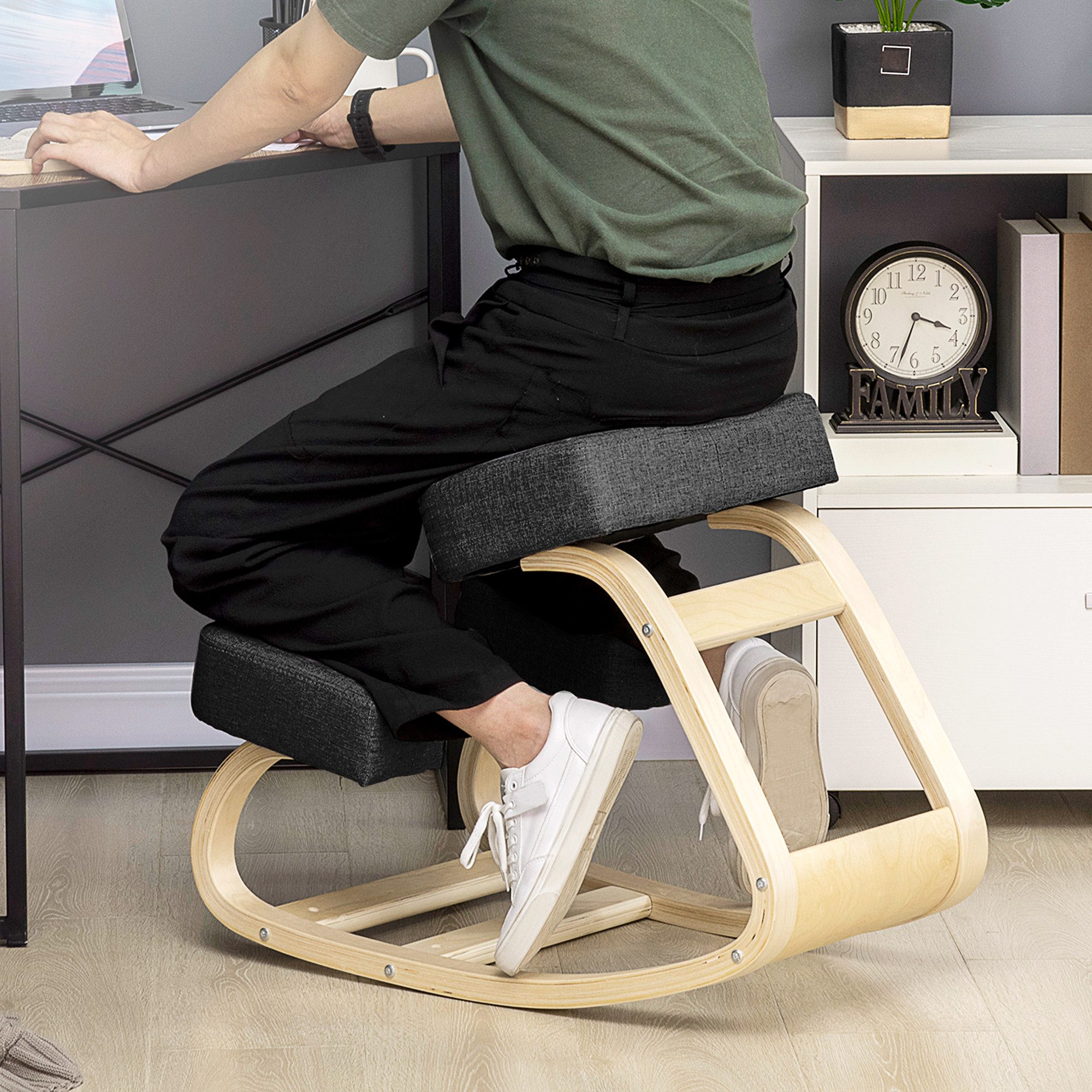 Vinsetto Stuhl Kniehocker Gesundheitsstuhl für Zuhause, Büro, Schwarz (Gesundheitsstuhl, 1 St), Ergonomischer Kniestuhl aus Birke, Sitzhöhe verstellbar