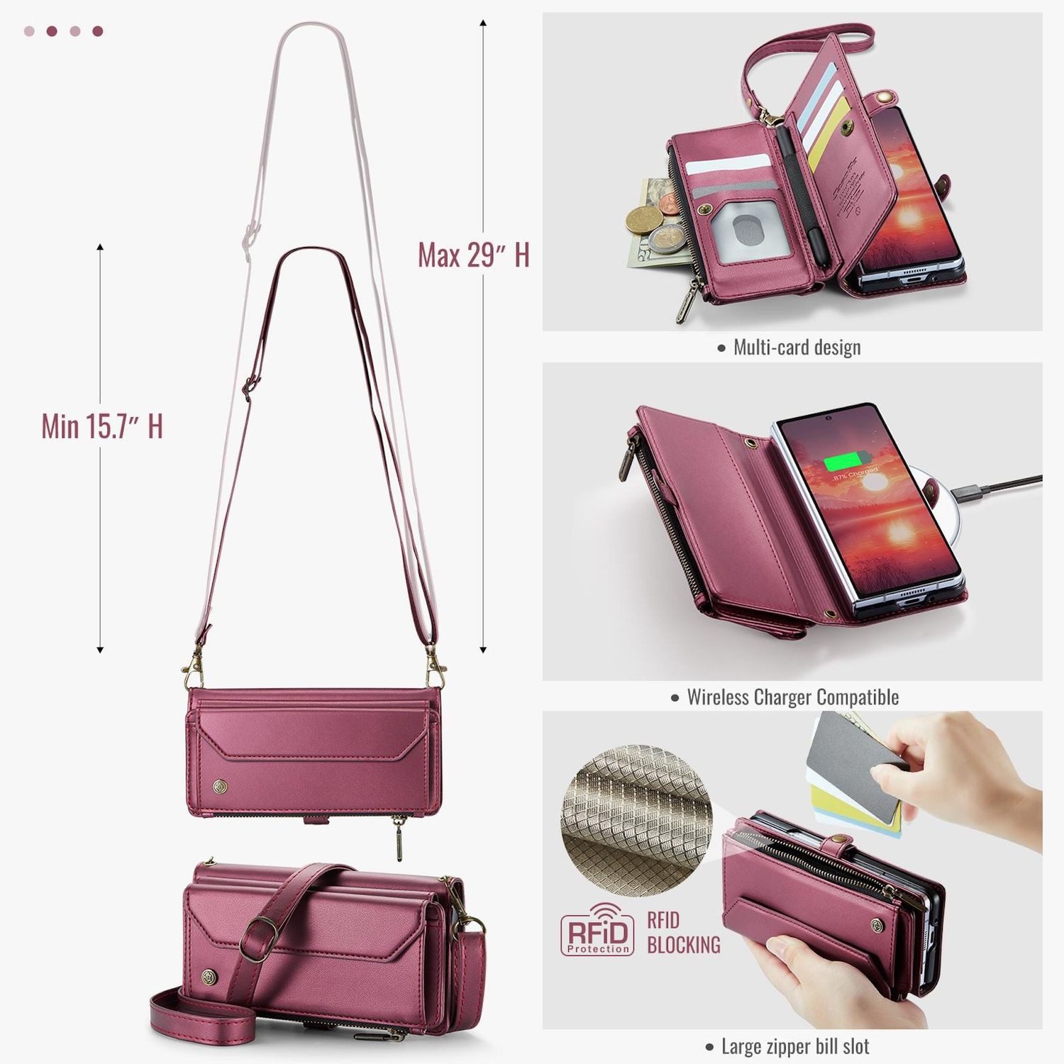 CaseMe Handyhülle Für Samsung Galaxy Z Fold7 5G Kunstleder C36 Multifunktion Hülle Rot, Zipper Wallet Hülle mit Kartenfächern, RFID-Schutz und Tragegurte