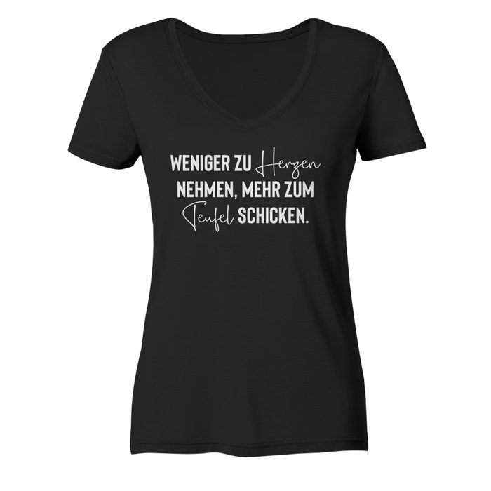 RABUMSEL T-Shirt "Weniger zu Herzen nehmen mehr zum Teufel schicken" - Frauen V-Neck Bedruckt in Deutschland Hohe Waschbeständigkeit Hohe Farbbrillianz