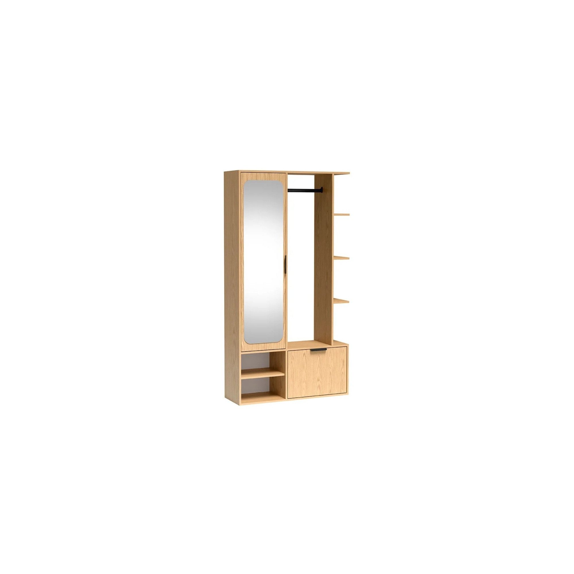 Raumhirsch Furniture Wandgarderobe Garderobenschrank, Flurgarderobe, Schuhschrank, Sitzbank (Maße: 100 x 33 x 189,4 cm (Spiegel, Kleiderstange), viele Farbvarianten), Soft-Close-Scharniere, Metallgriffe, offene Seitenregale, Schuhfächer