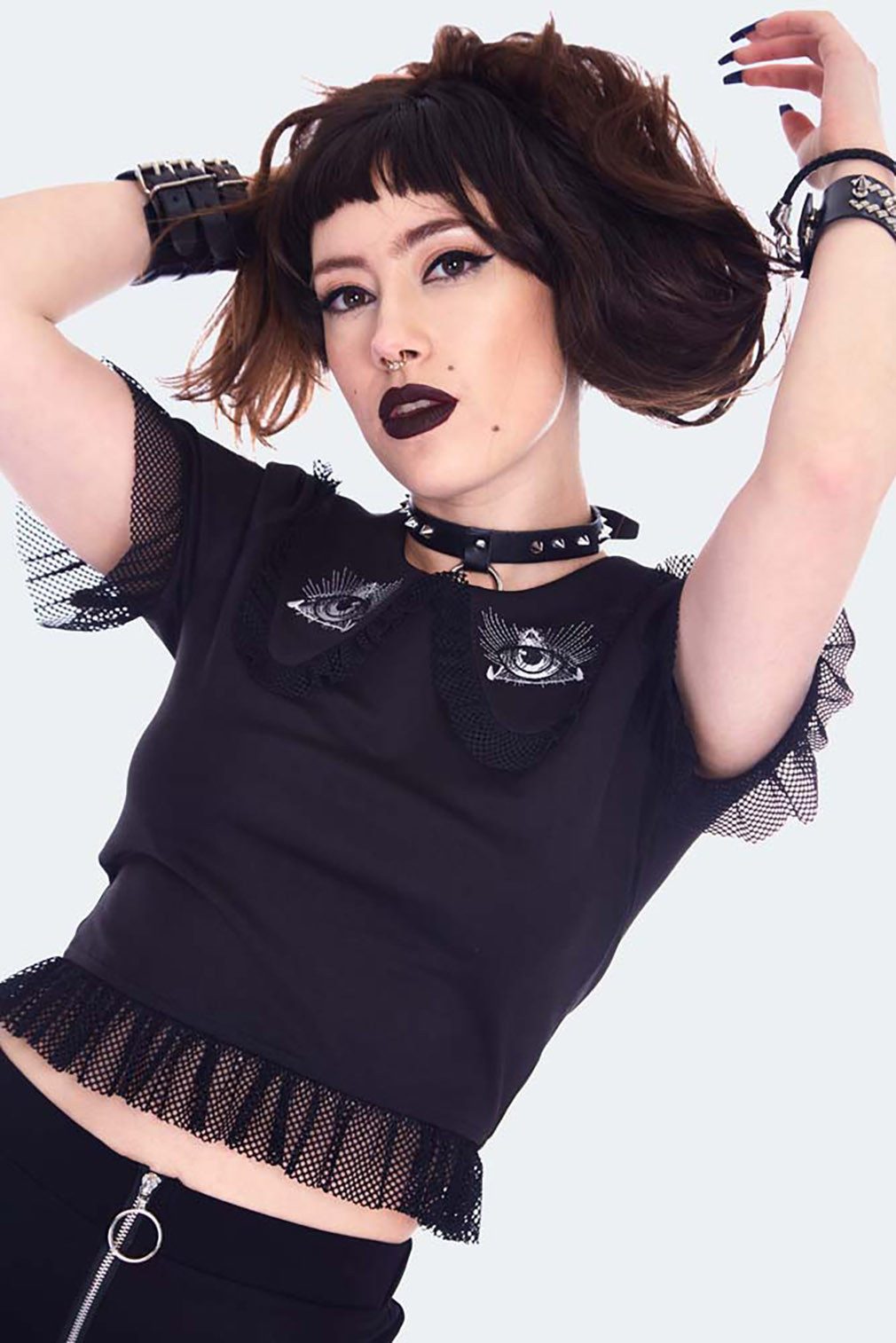 Jawbreaker Crop-Top All Seeing Eye Mesh Netz Spitze Rüschen Gothic Goth Grufti